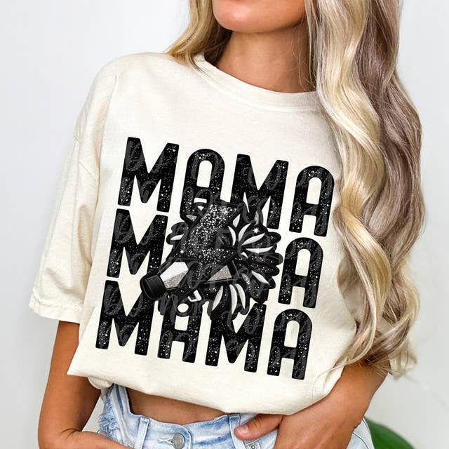 Mama Cheer Stacked Faux Embroidery Pigment Dyed Tee Hoodie, Sweatshirt | PodTeesHub.com