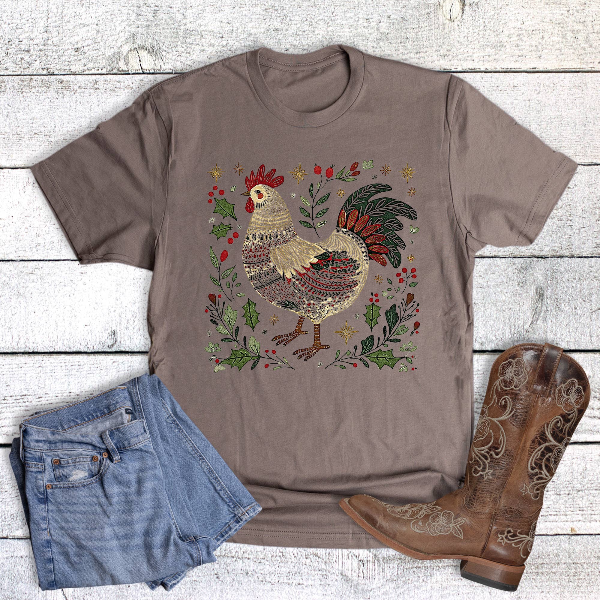 Christmas Western Boho Chicken Graphic Tee Hoodie, Sweatshirt | PodTeesHub.com