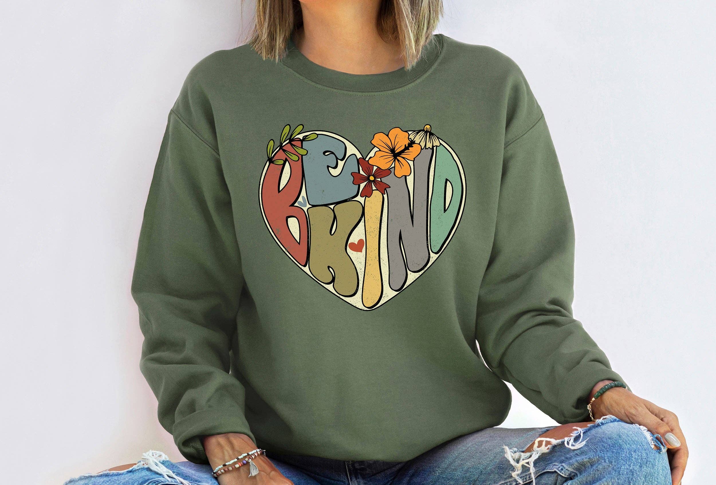 Be Kind Heart and Flowers Positivity Retro Sweatshirt T-Shirts, Hoodie | PodTeesHub.com