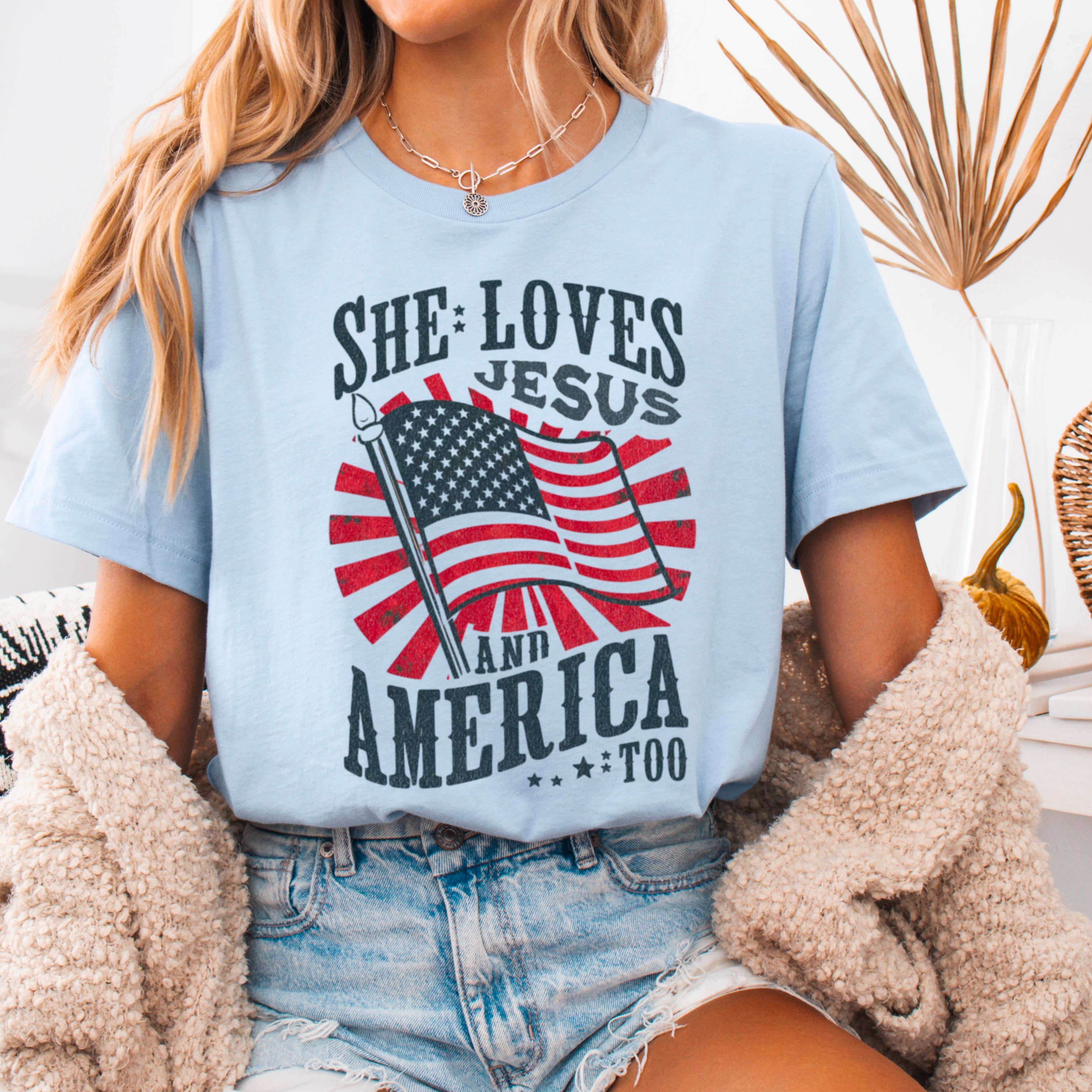 She Loves Jesus & America  | July 4th Graphic Tee | Gildan Hoodie, Sweatshirt | PodTeesHub.com