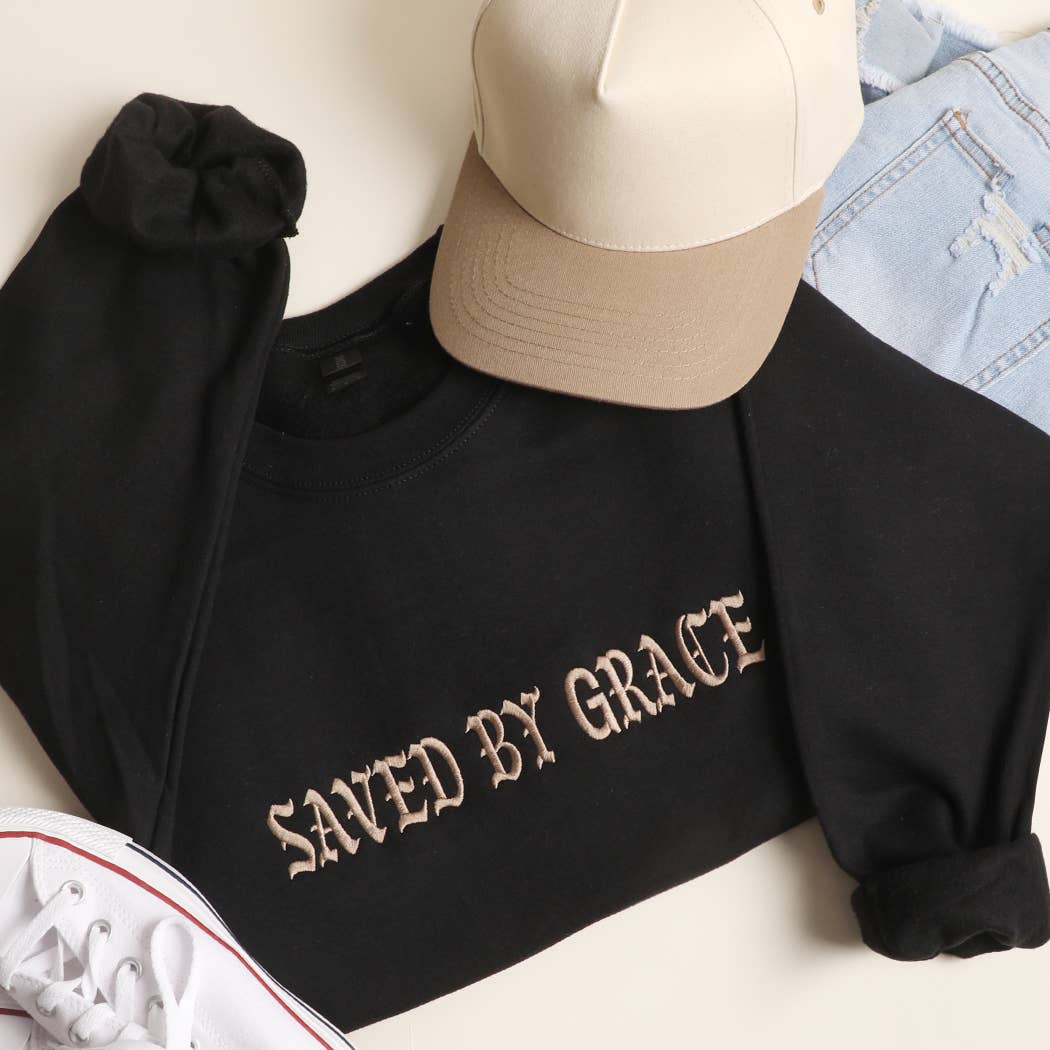 Saved By Grace Embroidered Heavyweight Sweatshirt T-Shirts, Hoodie | PodTeesHub.com