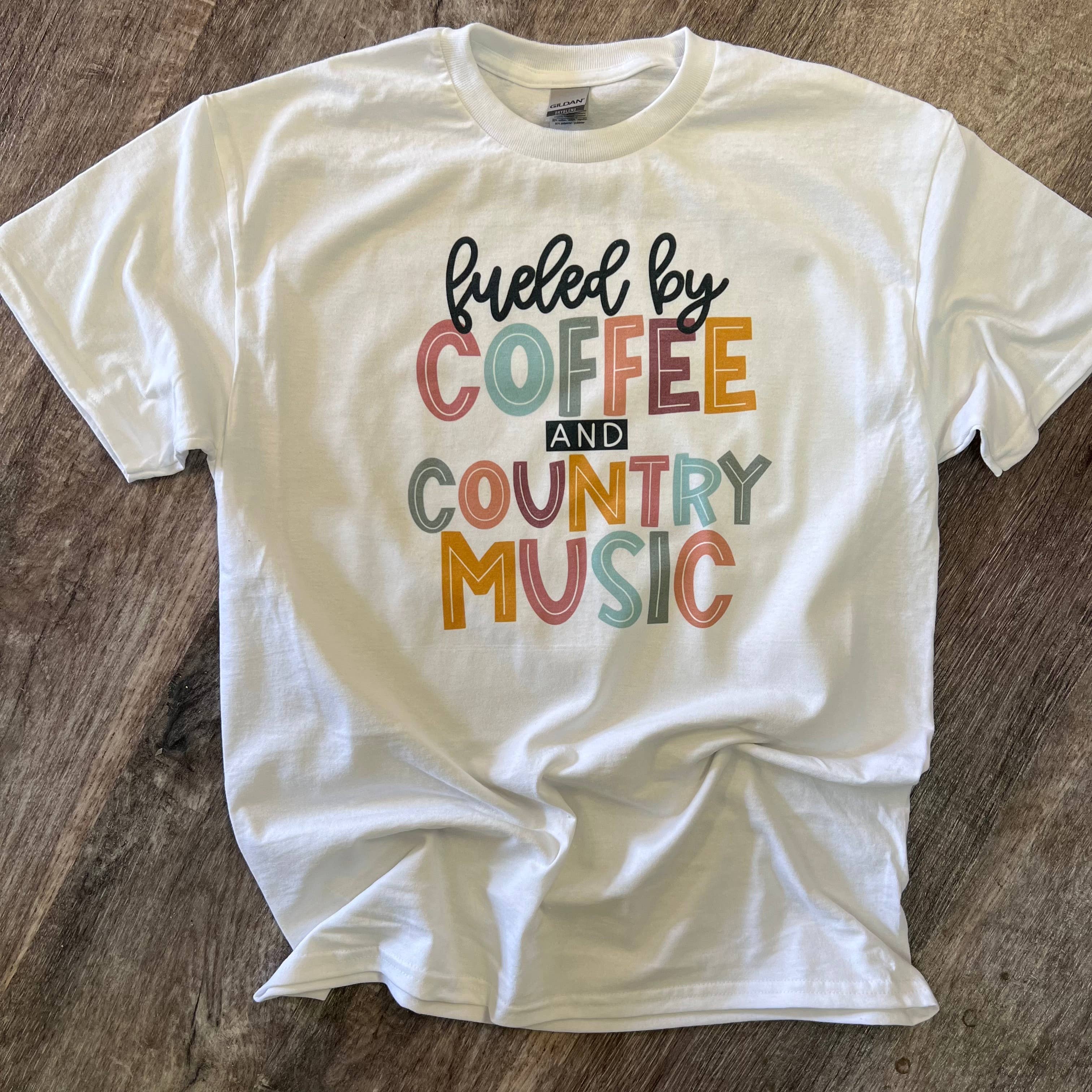 Fueled By Coffee and Country Music On White Tee Hoodie, Sweatshirt | PodTeesHub.com