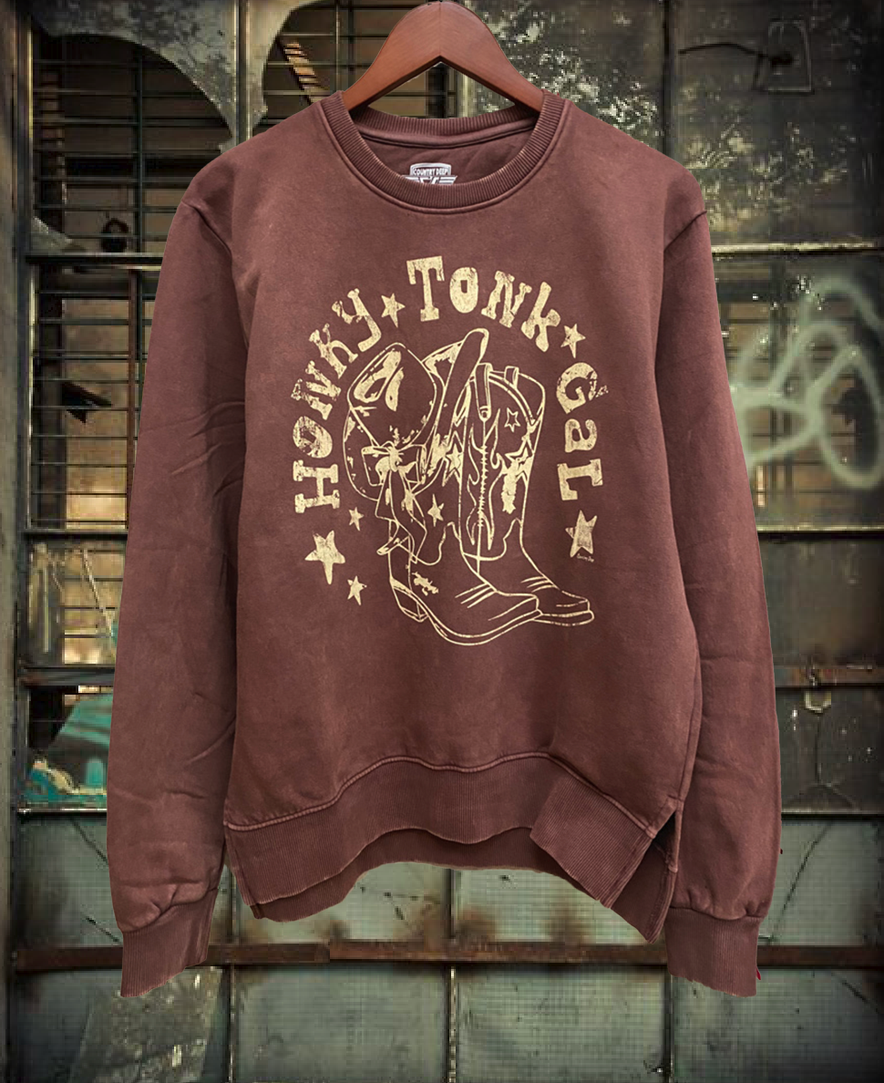 Honky Tonk Gal Acid Wash Crew Neck Sweatshirt T-Shirts, Hoodie | PodTeesHub.com