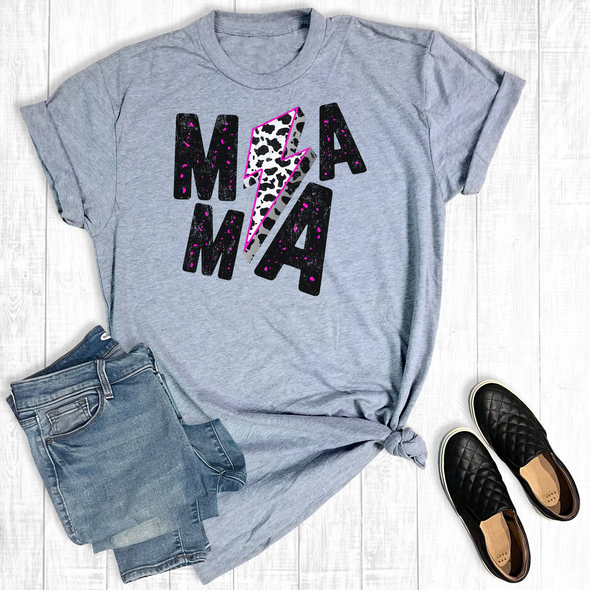 Cow Print Mama Lightning Bolt Mother's Day Graphic Tee Hoodie, Sweatshirt | PodTeesHub.com