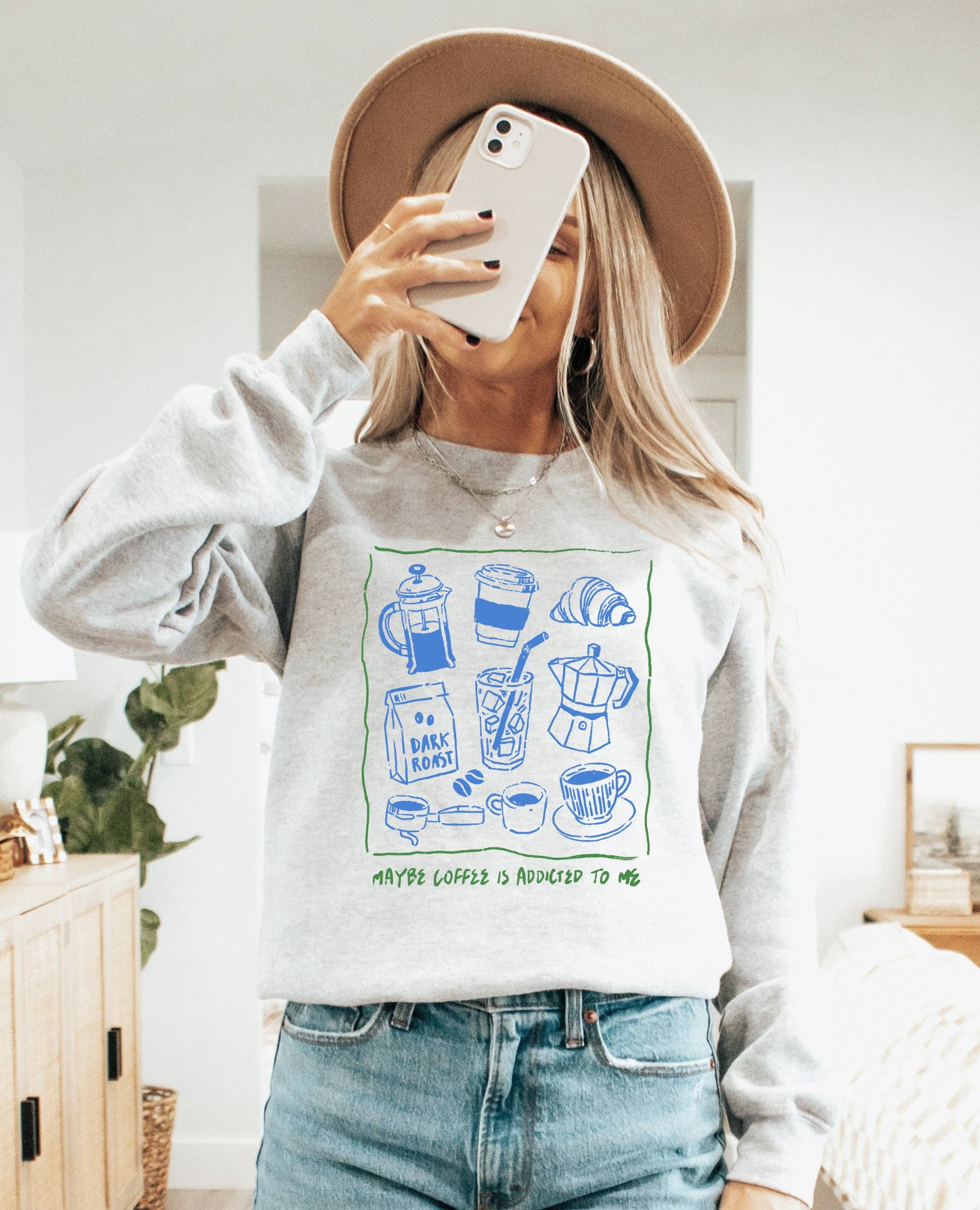 Maybe Coffee Is Addicted To Me Crew Neck Sweatshirt T-Shirts, Hoodie | PodTeesHub.com
