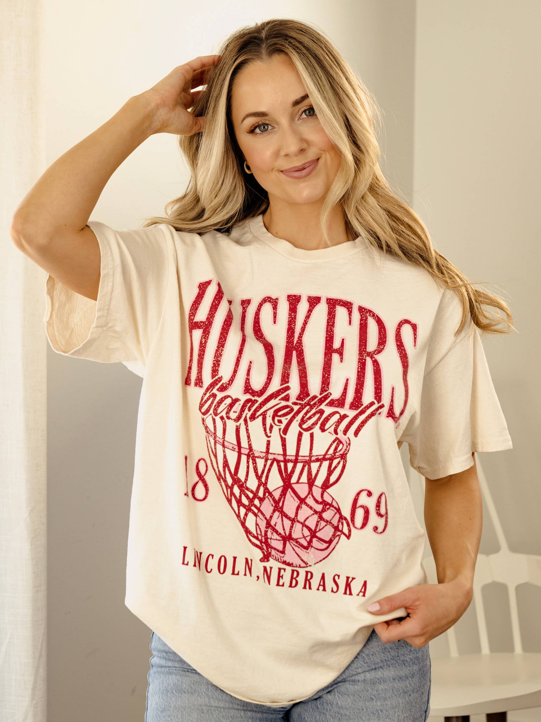 Nebraska Huskers Big Basketball Off White Thrifted Tee Hoodie, Sweatshirt | PodTeesHub.com