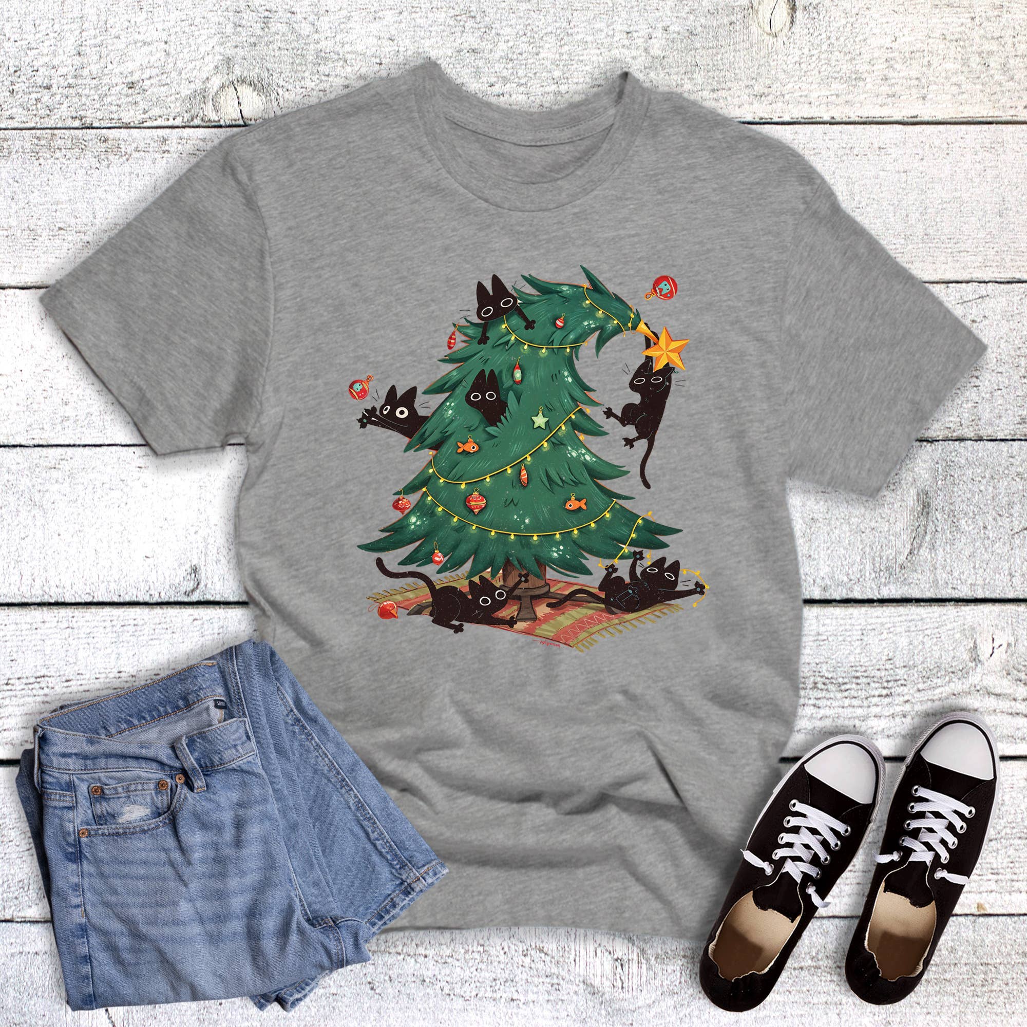 Cute Christmas Tree with Cats Graphic Tee Hoodie, Sweatshirt | PodTeesHub.com