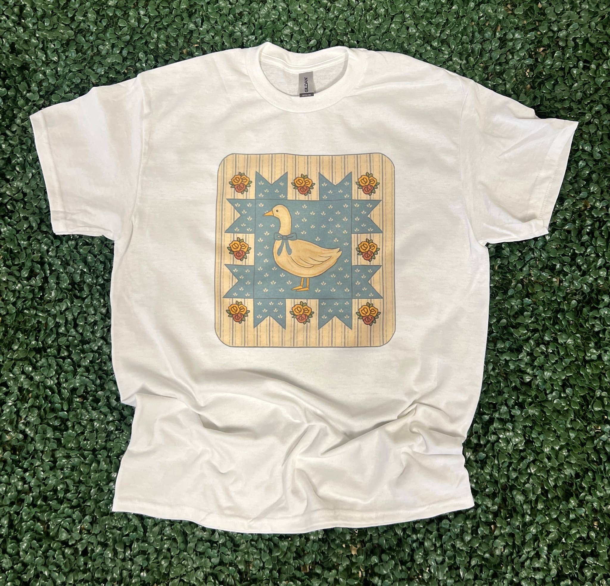Vintage Blue Goose Quilt Block On White Tee Hoodie, Sweatshirt | PodTeesHub.com