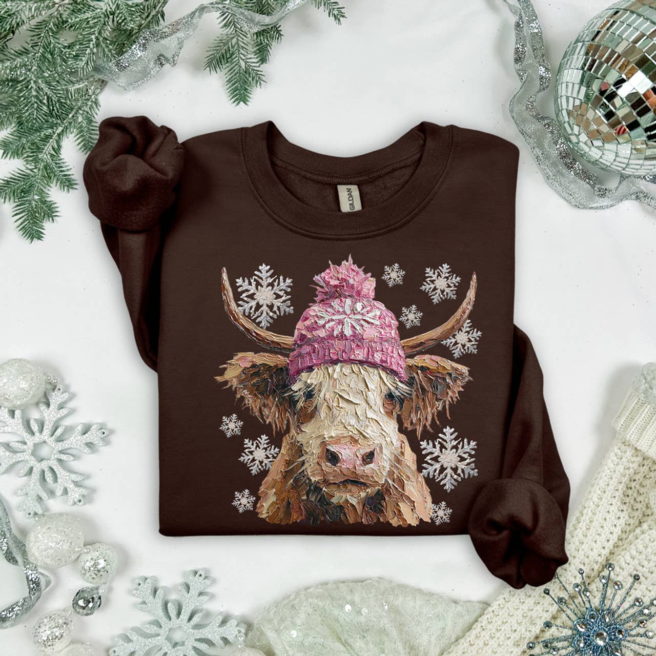 Faux Painted Winter Highland Cow Sweatshirt T-Shirts, Hoodie | PodTeesHub.com