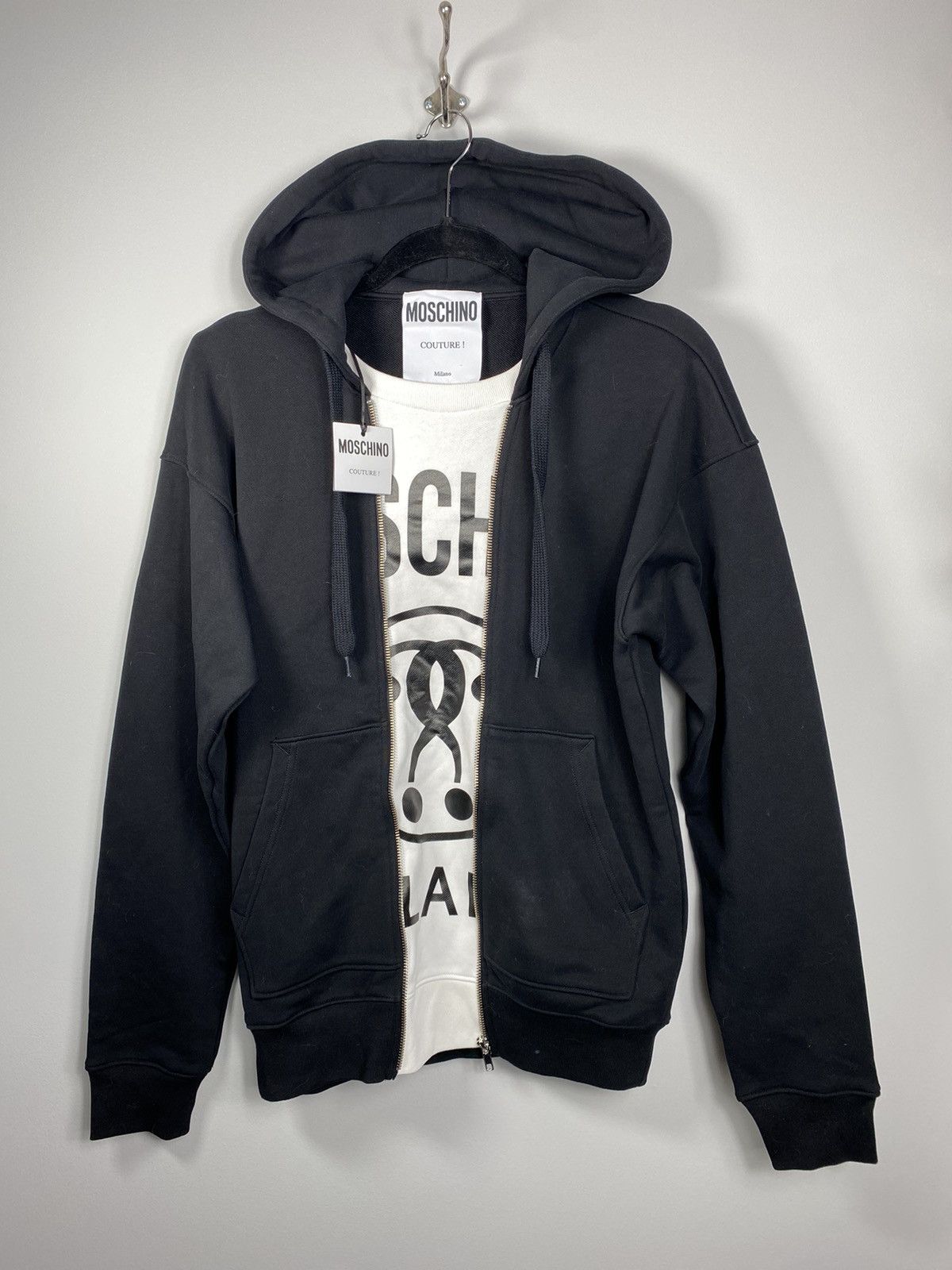 Moschino Split Graphic Hoodie Black T-Shirts, Sweatshirt | PodTeesHub.com