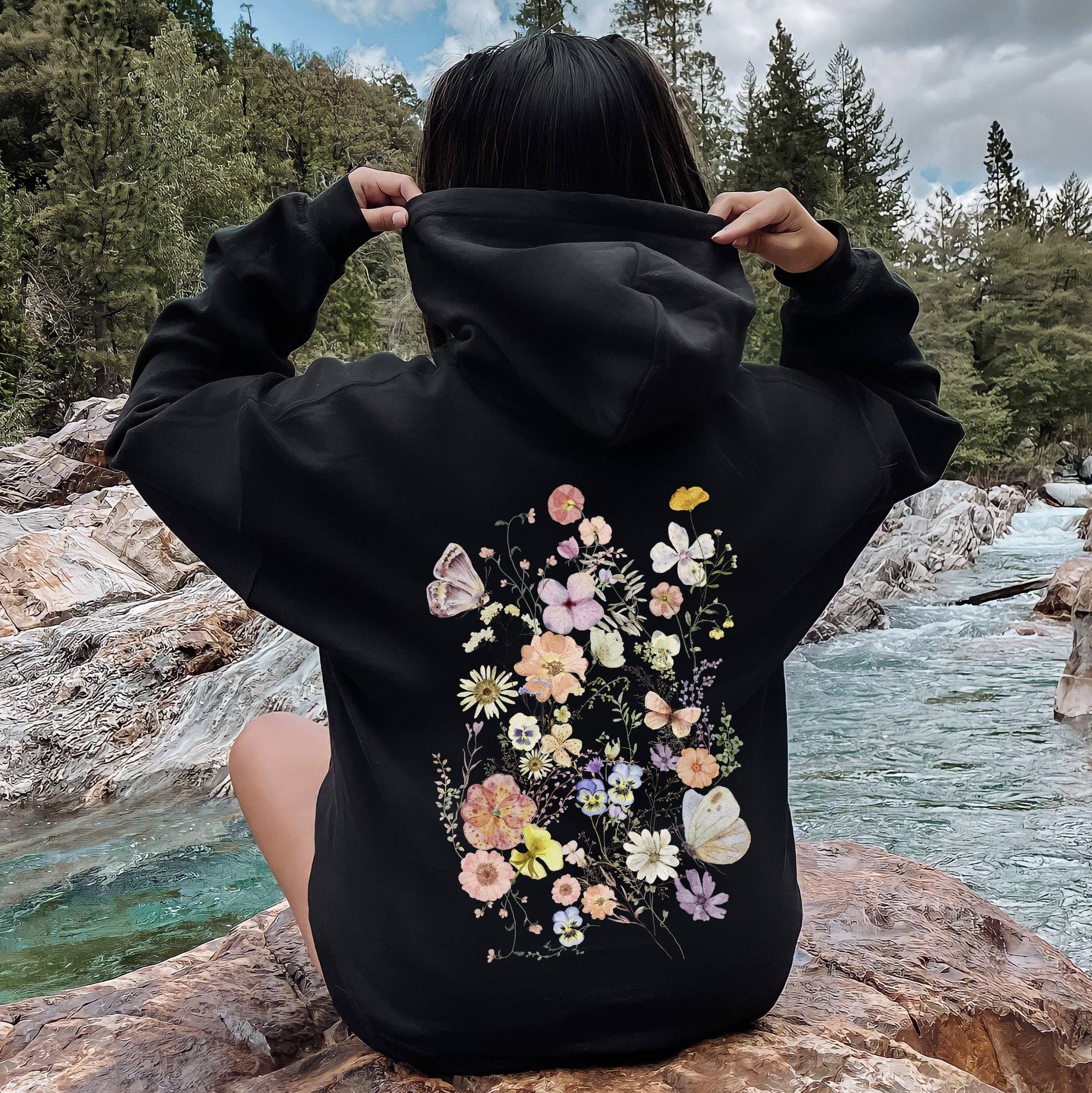 Butterfly Mountain Meadow Pressed Flower Hoodie T-Shirts, Sweatshirt | PodTeesHub.com