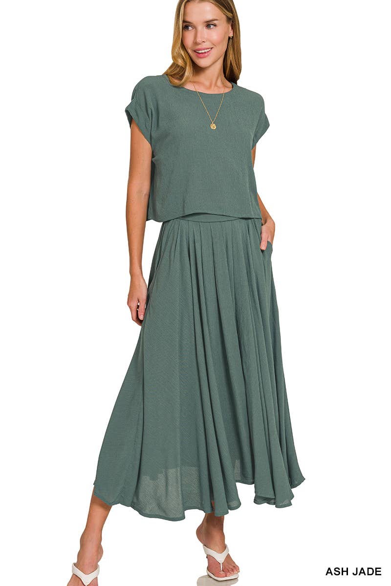 0827 Woven Crinkle Gauze Crop Tee & Skirt 2PC Set SI-27911 Hoodie, Sweatshirt | PodTeesHub.com