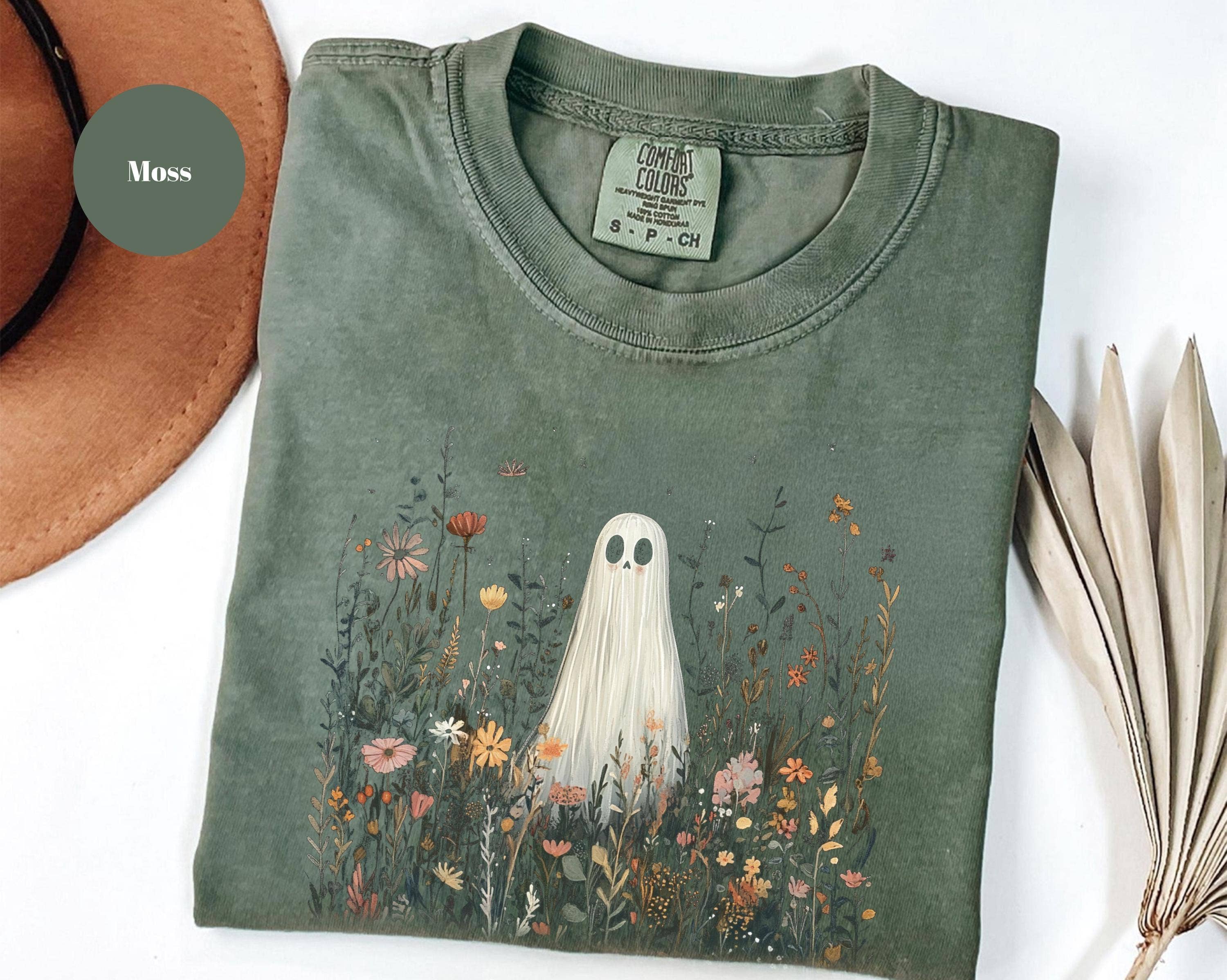 Cute Ghost in Wildflowers Halloween Floral Tee Hoodie, Sweatshirt | PodTeesHub.com