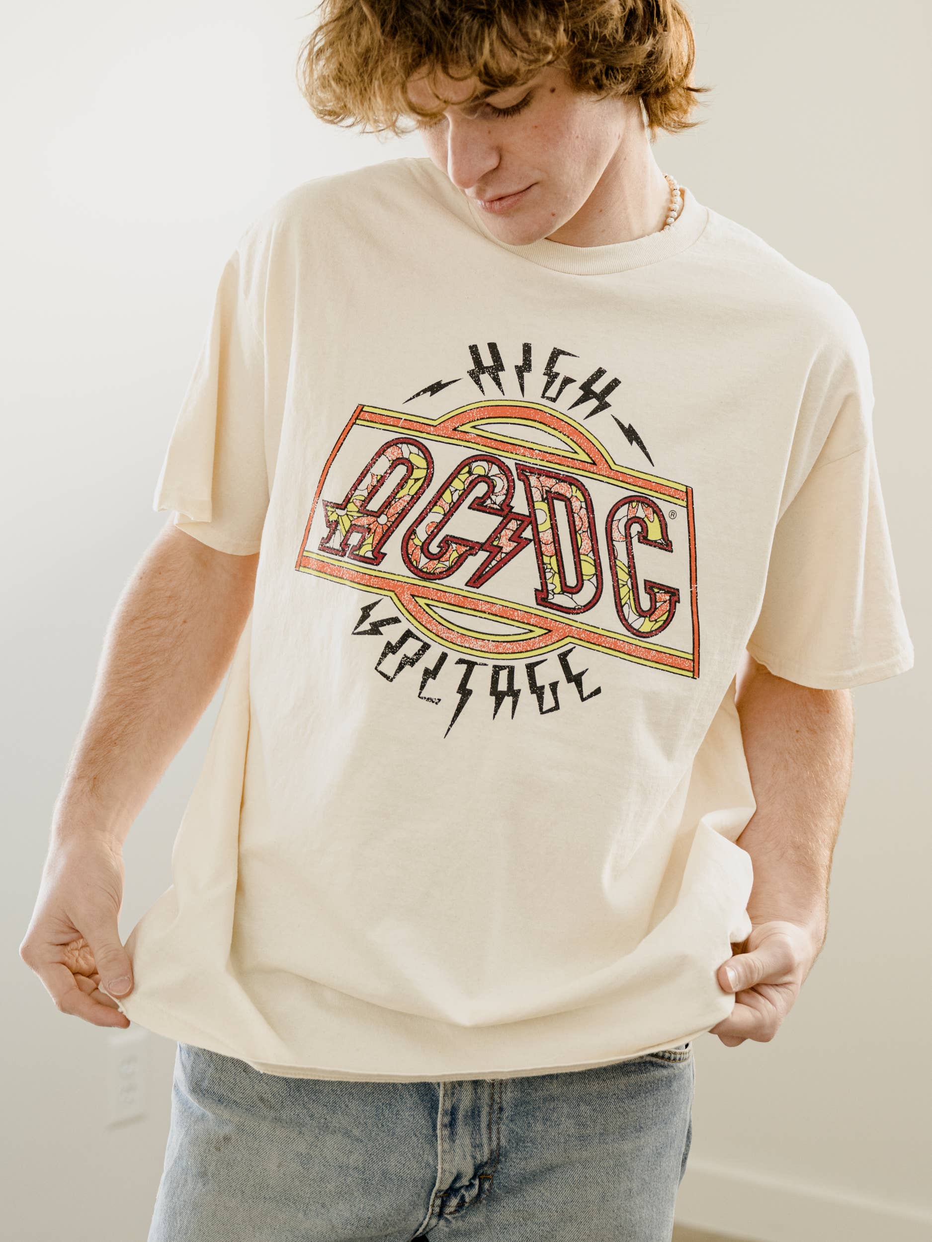 Acdc High Voltage Flower Off White Thrifted Graphic Tee Hoodie, Sweatshirt | PodTeesHub.com
