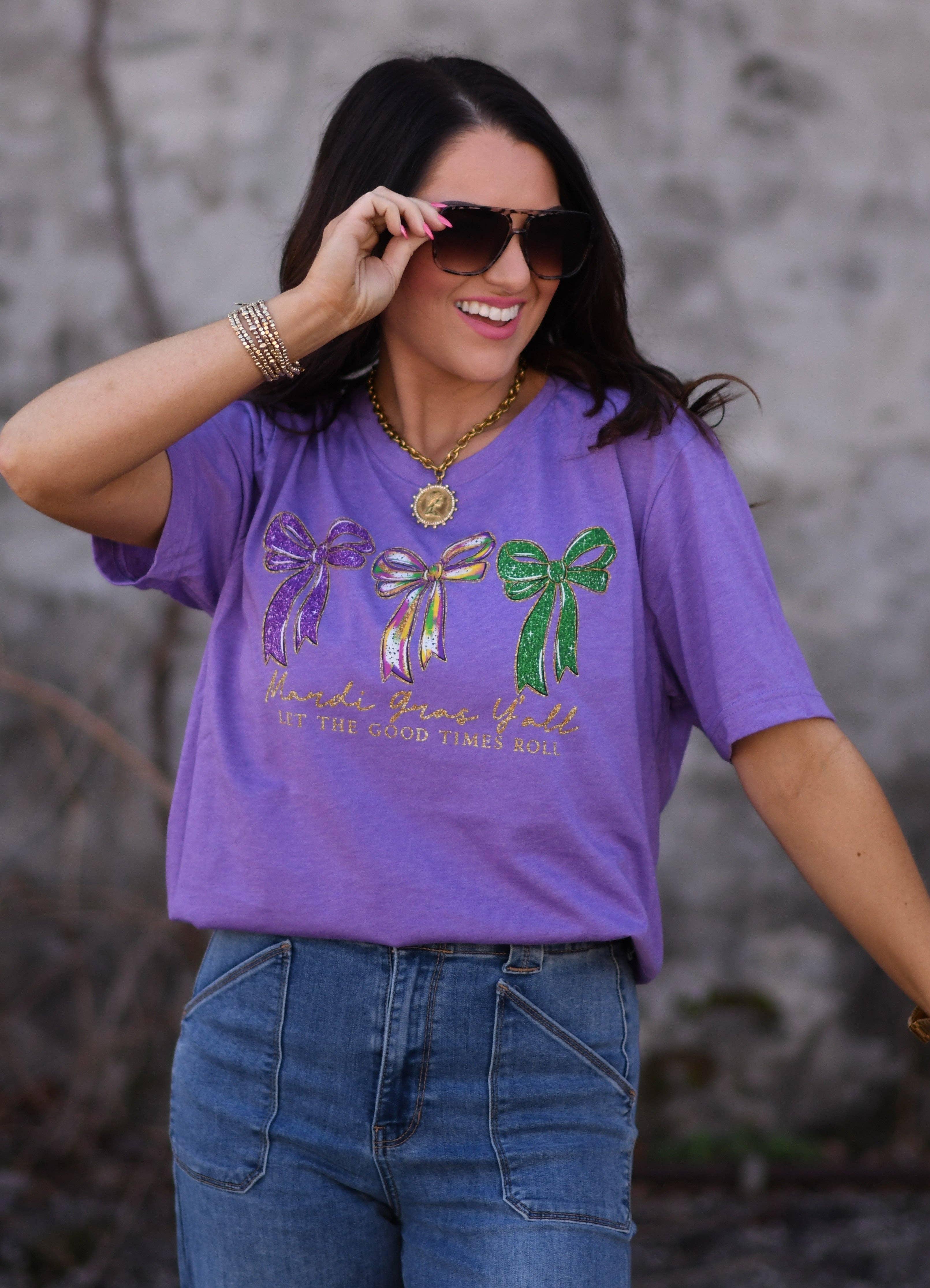Mardi Gras Y'all Let the Good Times Roll Glitter Bows Tee Hoodie, Sweatshirt | PodTeesHub.com