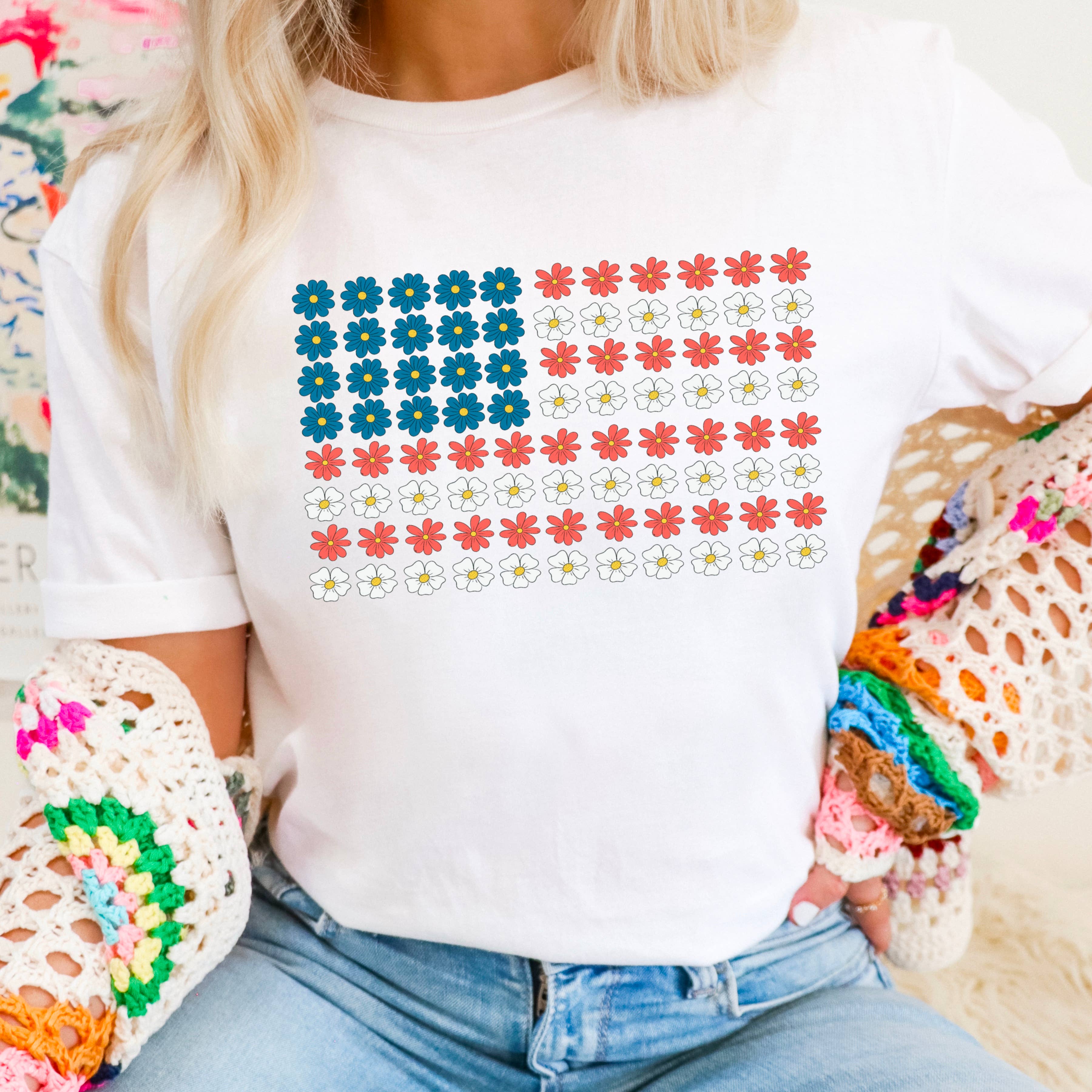 Floral American Flag | July 4th Graphic Tee | Gildan Hoodie, Sweatshirt | PodTeesHub.com