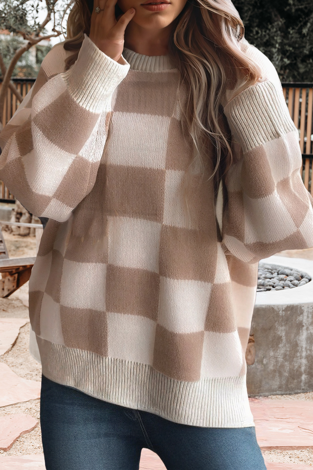 Checkered Pattern Ribbed Trim Knit Baggy Sweater (S-Xl) T-Shirts, Hoodie, Sweatshirt | PodTeesHub.com