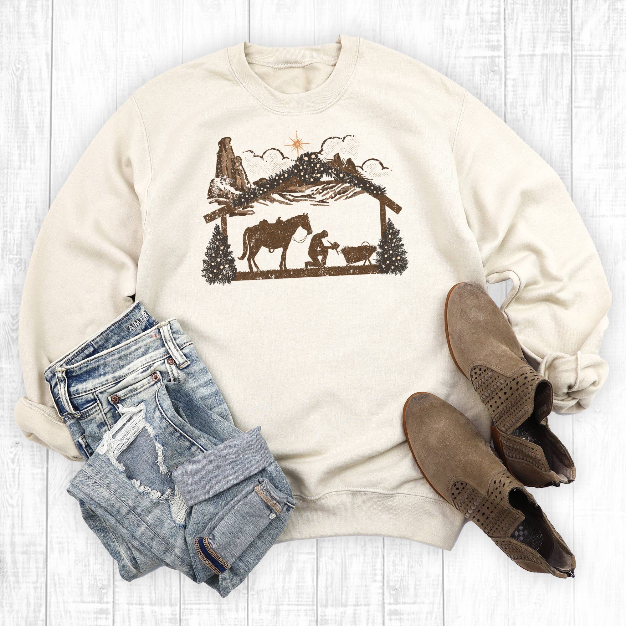 Christmas Manger Praying Cowboy Sweatshirt T-Shirts, Hoodie | PodTeesHub.com