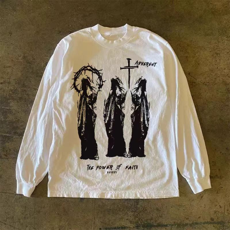 Vintage White Retro Street Hip Hop Printed Long Sleeved T Shirt Hoodie, Sweatshirt | PodTeesHub.com