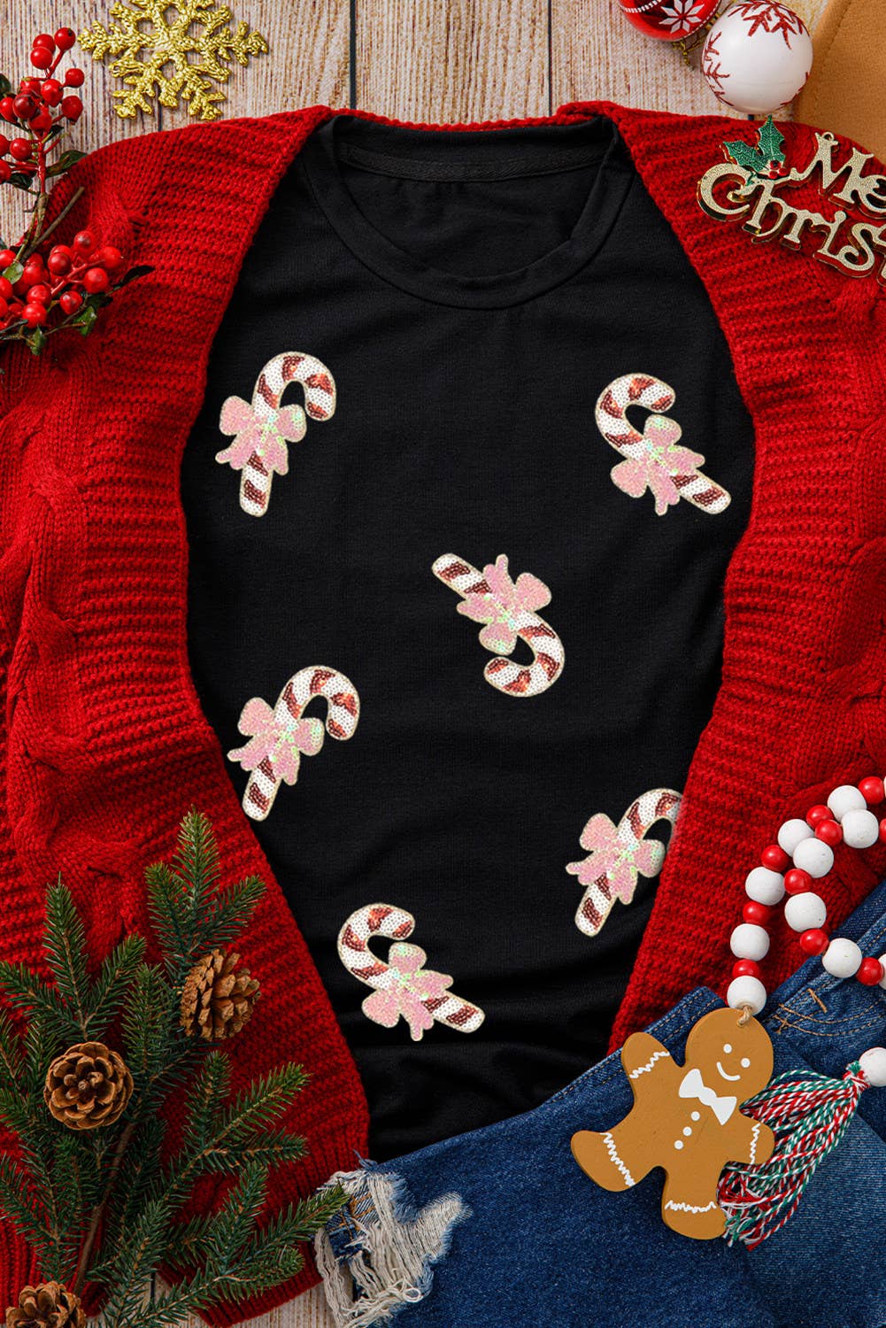 Sequined Candy Cane Patched Pattern Holiday T Shirt (S-3XL) Hoodie, Sweatshirt | PodTeesHub.com