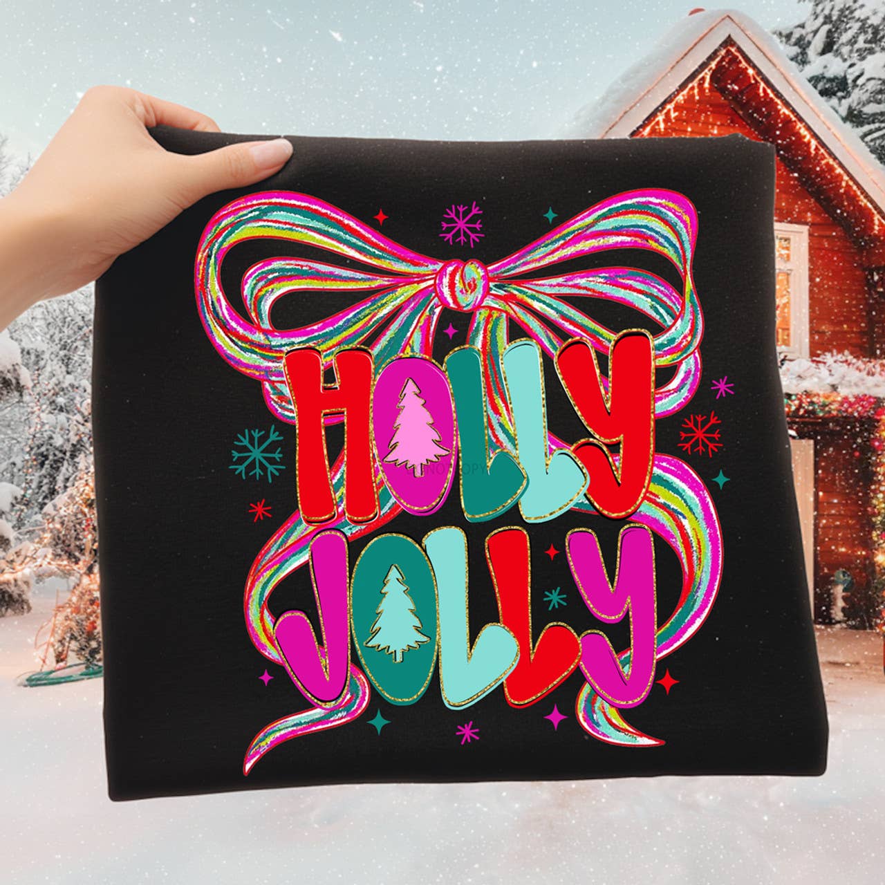 Bright Holly Jolly Bow Tee Hoodie, Sweatshirt | PodTeesHub.com