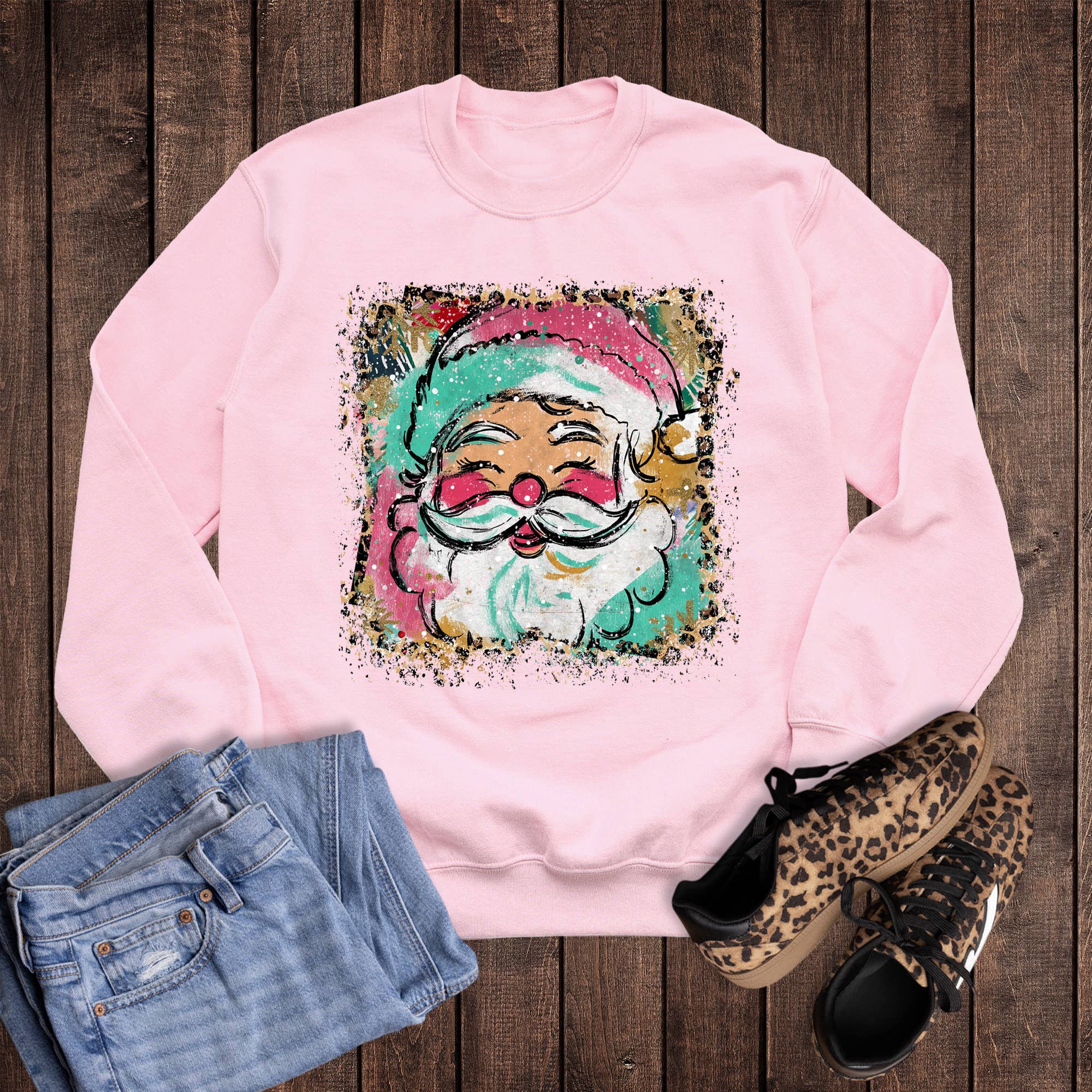 Christmas Leopard Watercolor Santa Sweatshirt T-Shirts, Hoodie | PodTeesHub.com