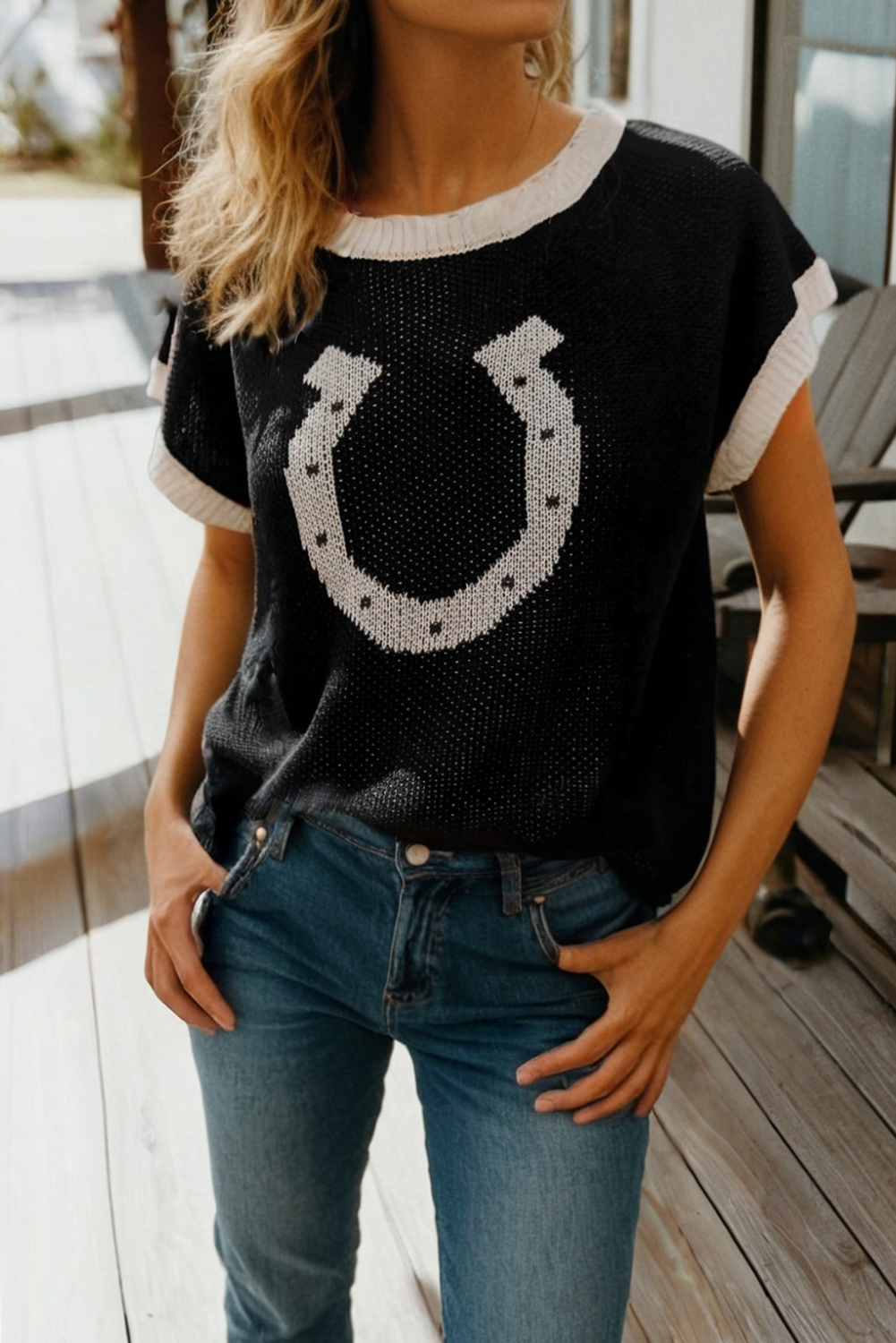 Horse Shoe Pattern Contrast Trim Short Sleeve Sweater (S-Xl) T-Shirts, Hoodie, Sweatshirt | PodTeesHub.com