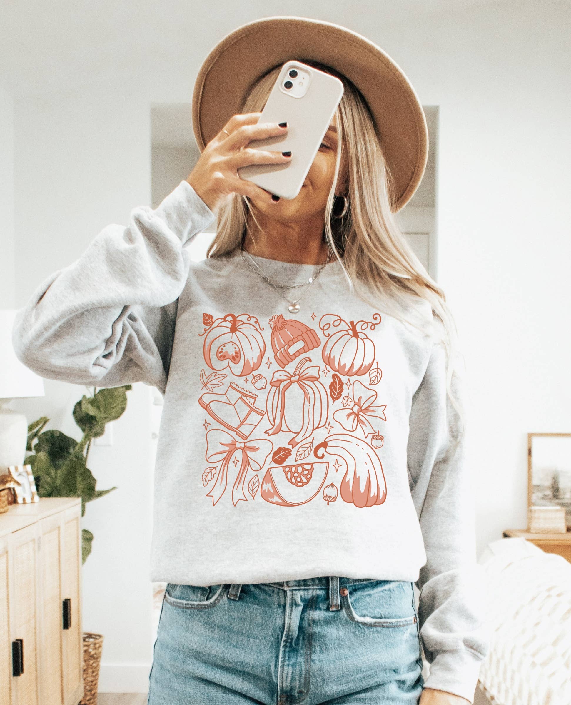 Pumpkin Doodle Art Fall Crew Neck Sweatshirt | Trendy Sweat T-Shirts, Hoodie | PodTeesHub.com