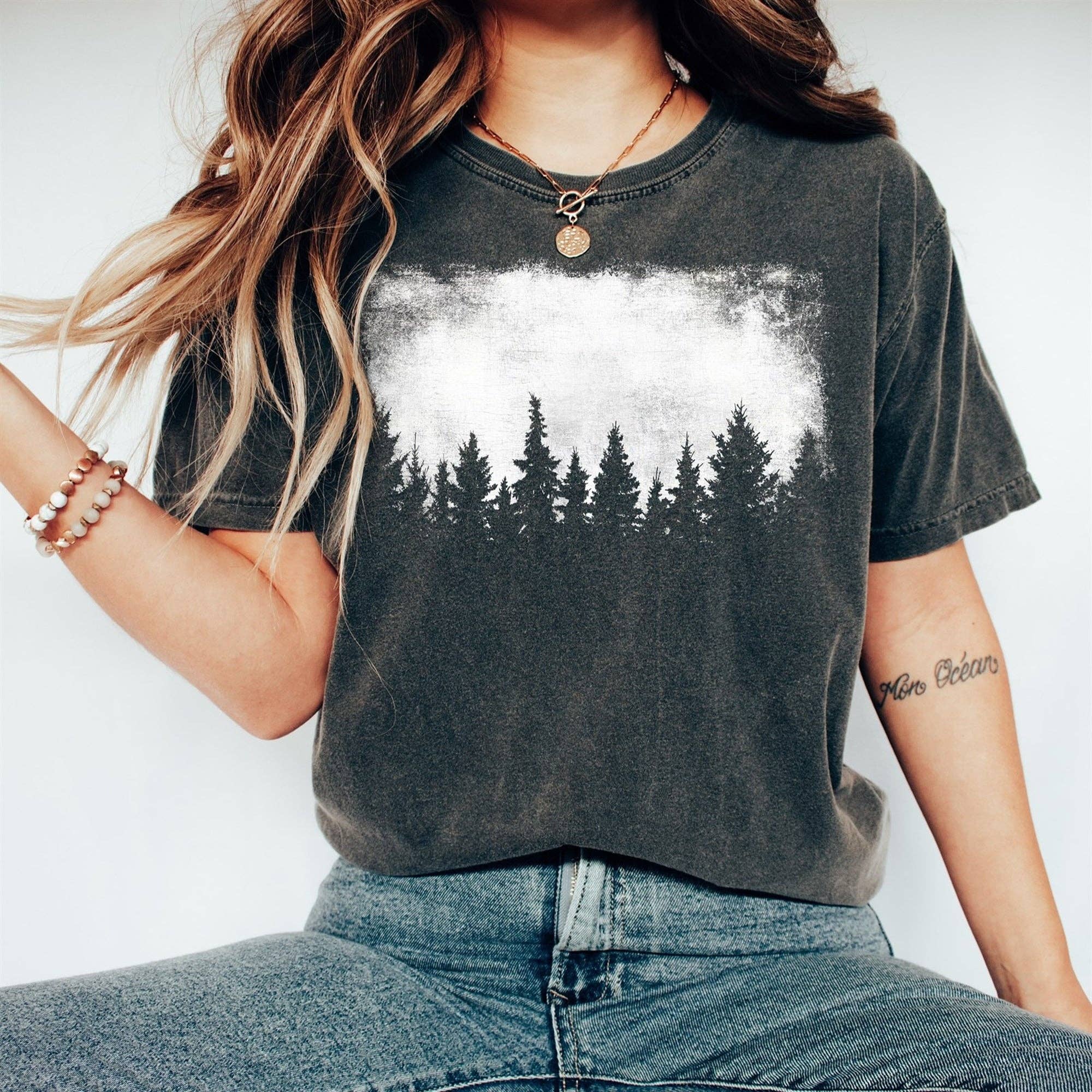 Vintage Nature Pine Forest Silhouette T-Shirt Hoodie, Sweatshirt | PodTeesHub.com
