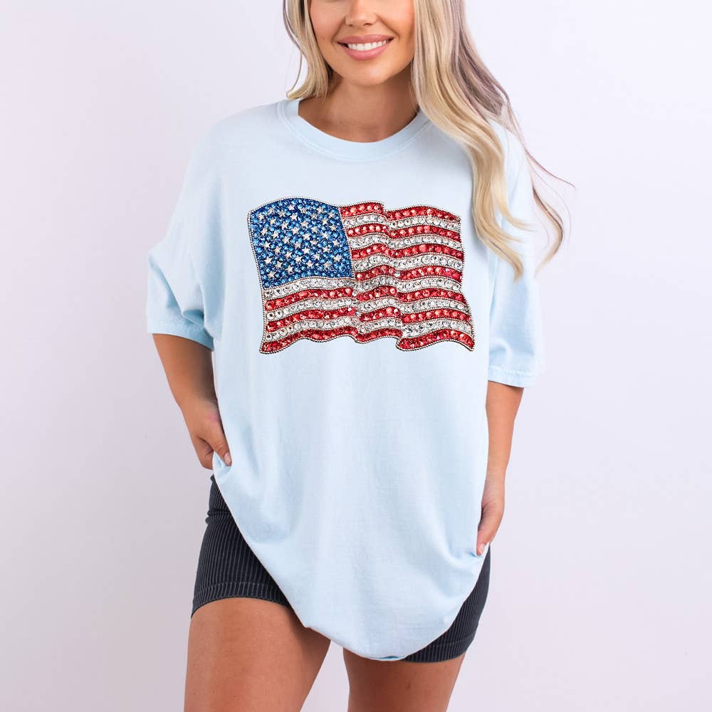 Faux Rhinestone American Flag Tee Hoodie, Sweatshirt | PodTeesHub.com