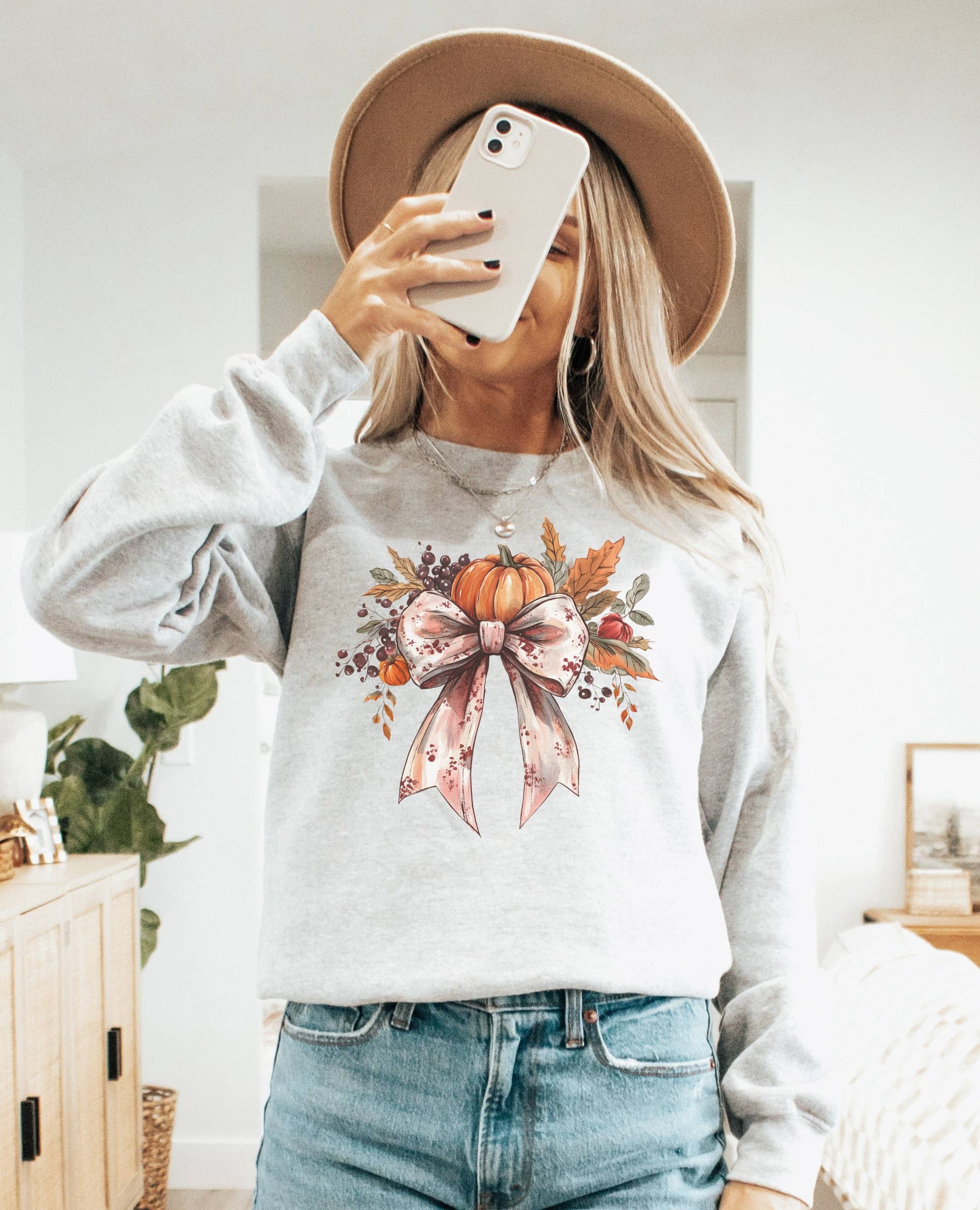 Coquette Pumpkin Bow Fall Crew Neck Sweatshirt T-Shirts, Hoodie | PodTeesHub.com
