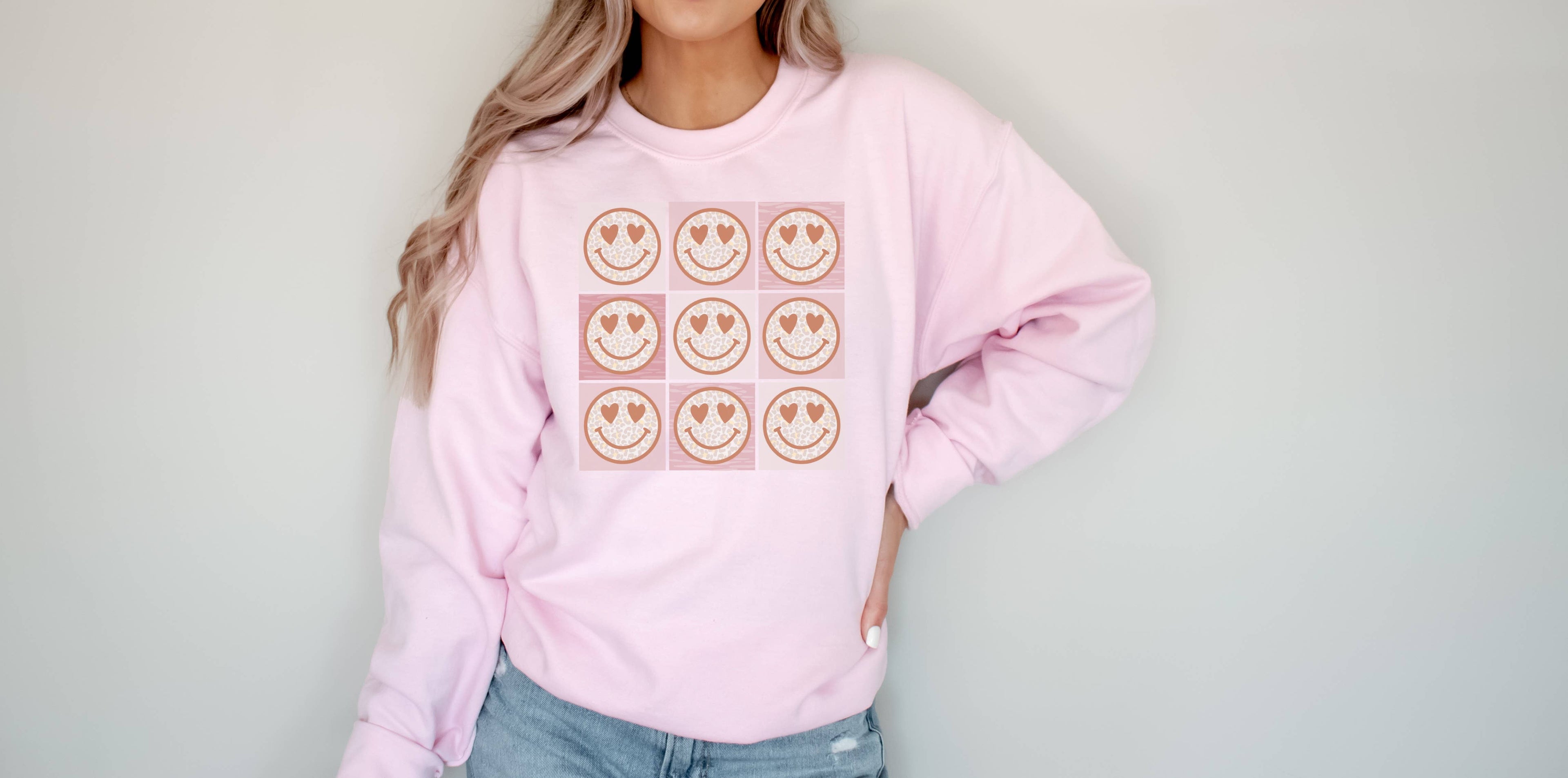 Happy Face Heart Grid Crew Neck Sweatshirt T-Shirts, Hoodie | PodTeesHub.com