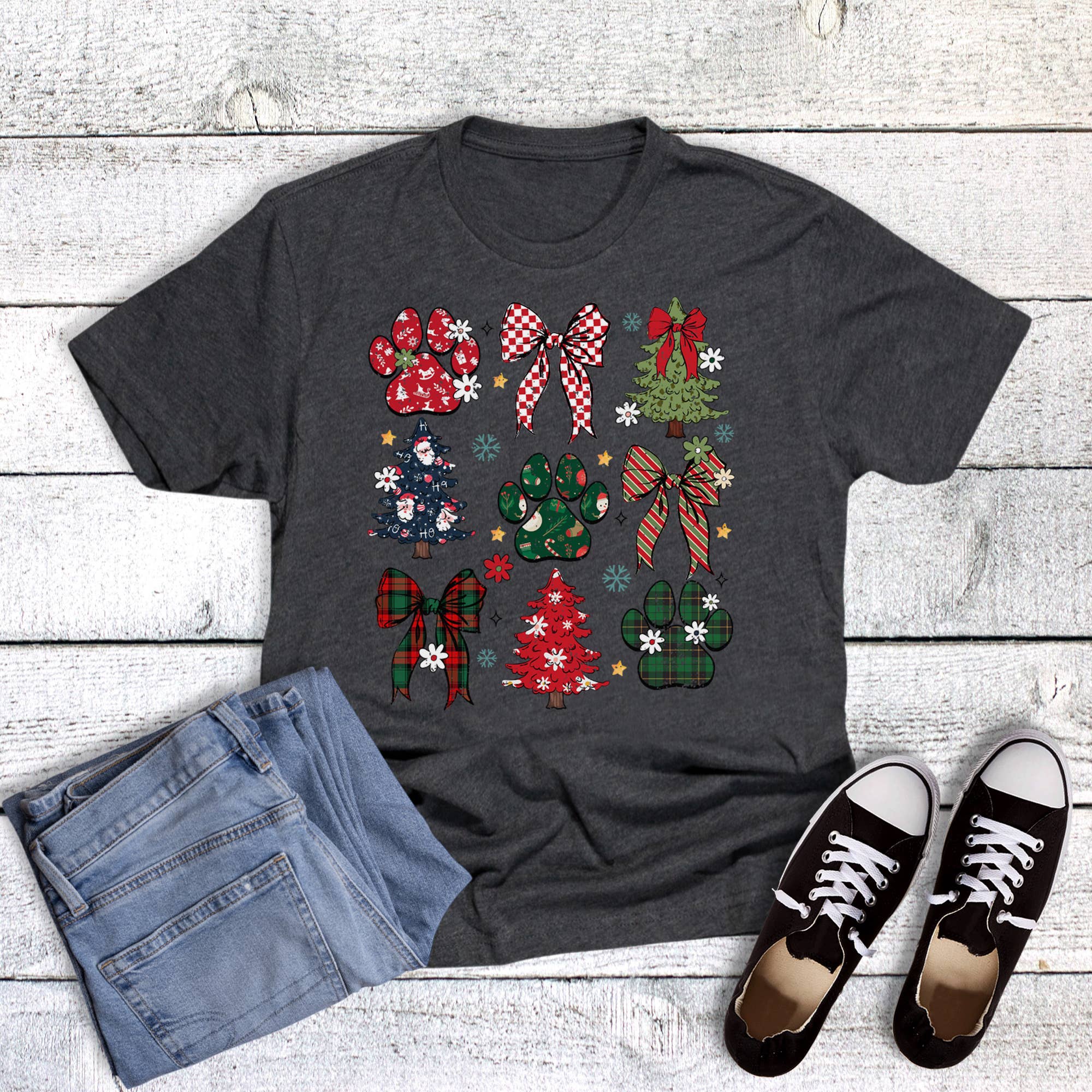 Christmas Dog Bow Collage Graphic Tee Hoodie, Sweatshirt | PodTeesHub.com