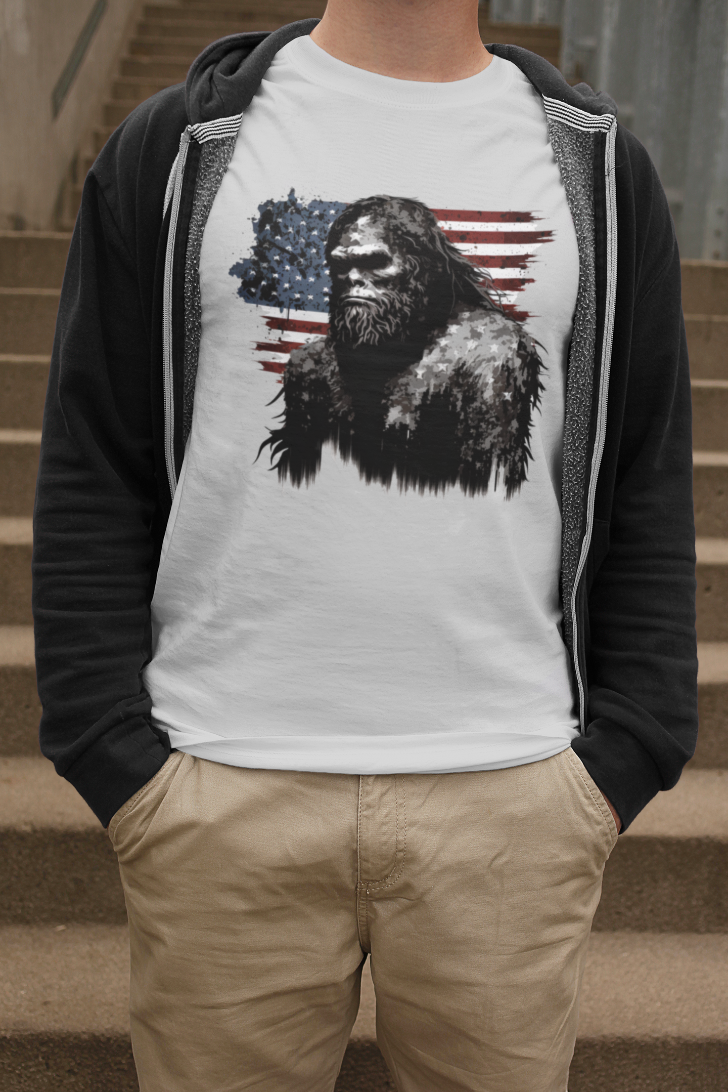 Bigfoot Us Flag T-Shirt (Grey) Hoodie, Sweatshirt | PodTeesHub.com
