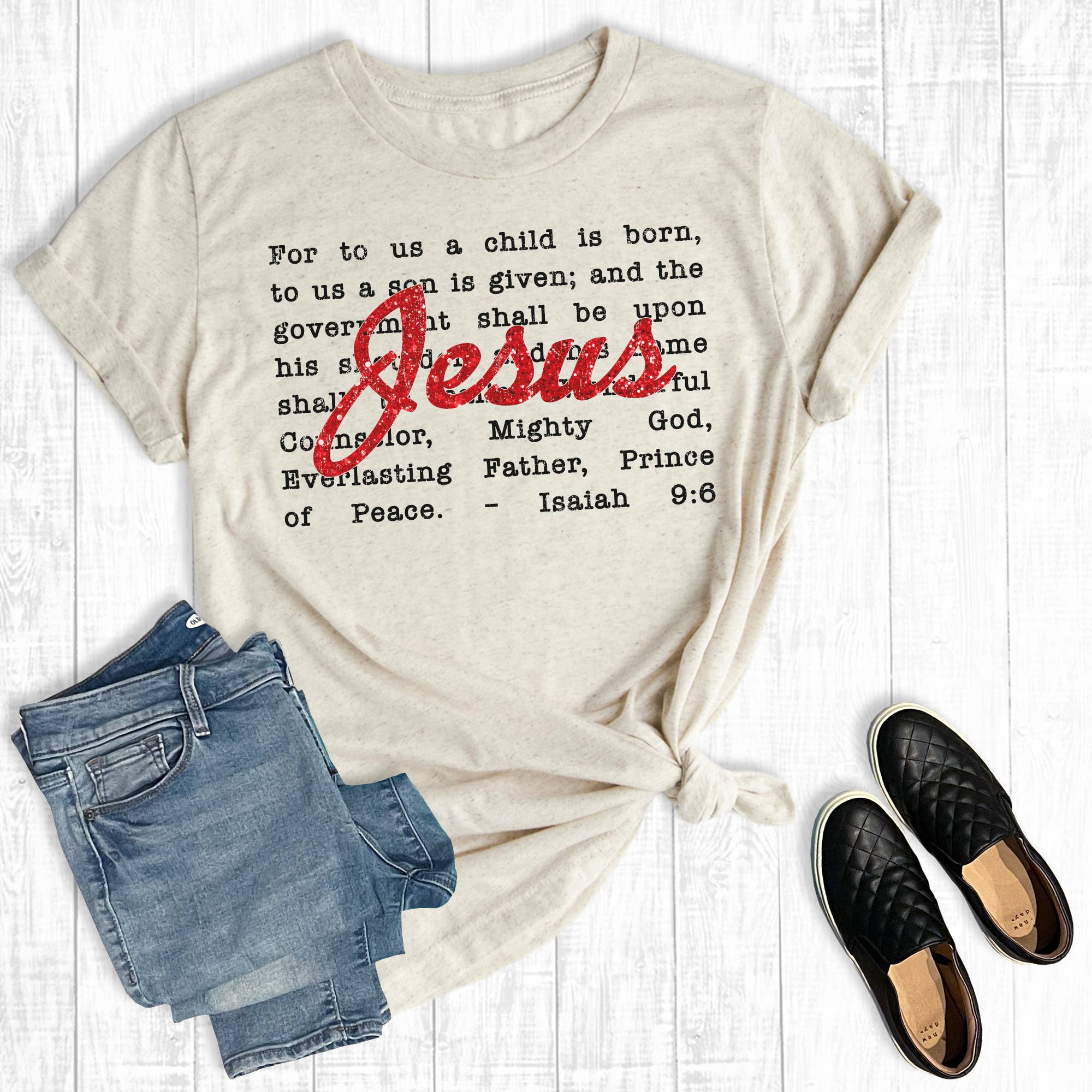 Faith Faux Glitter Christmas Isaiah 9:6 Graphic Tee Hoodie, Sweatshirt | PodTeesHub.com