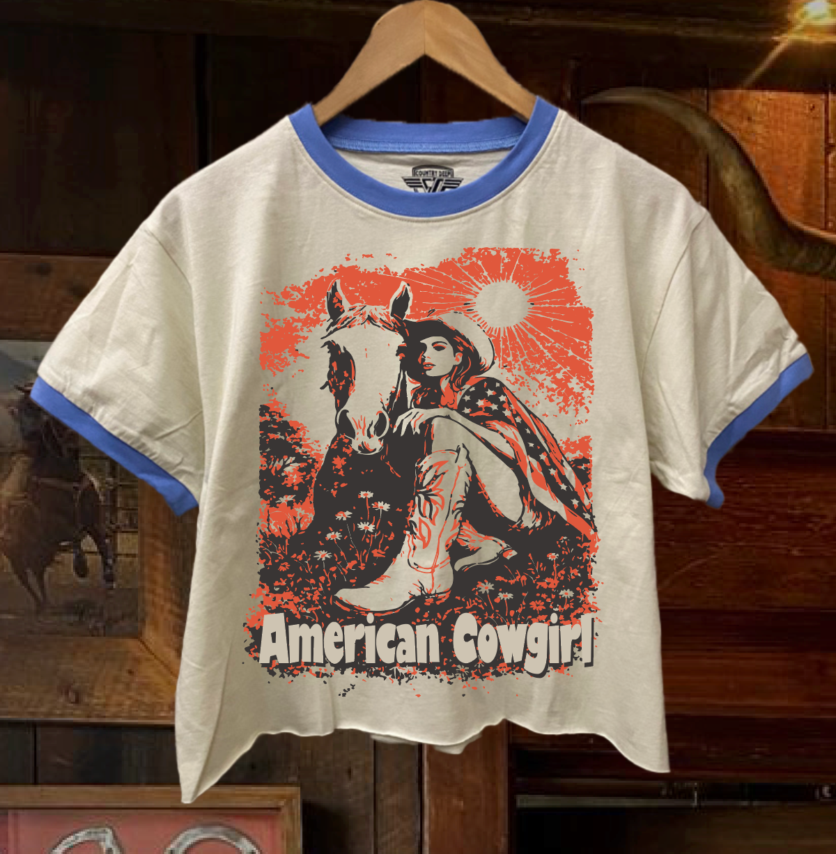 American Cowgirl Ringer Relaxed Crop Tee Hoodie, Sweatshirt | PodTeesHub.com