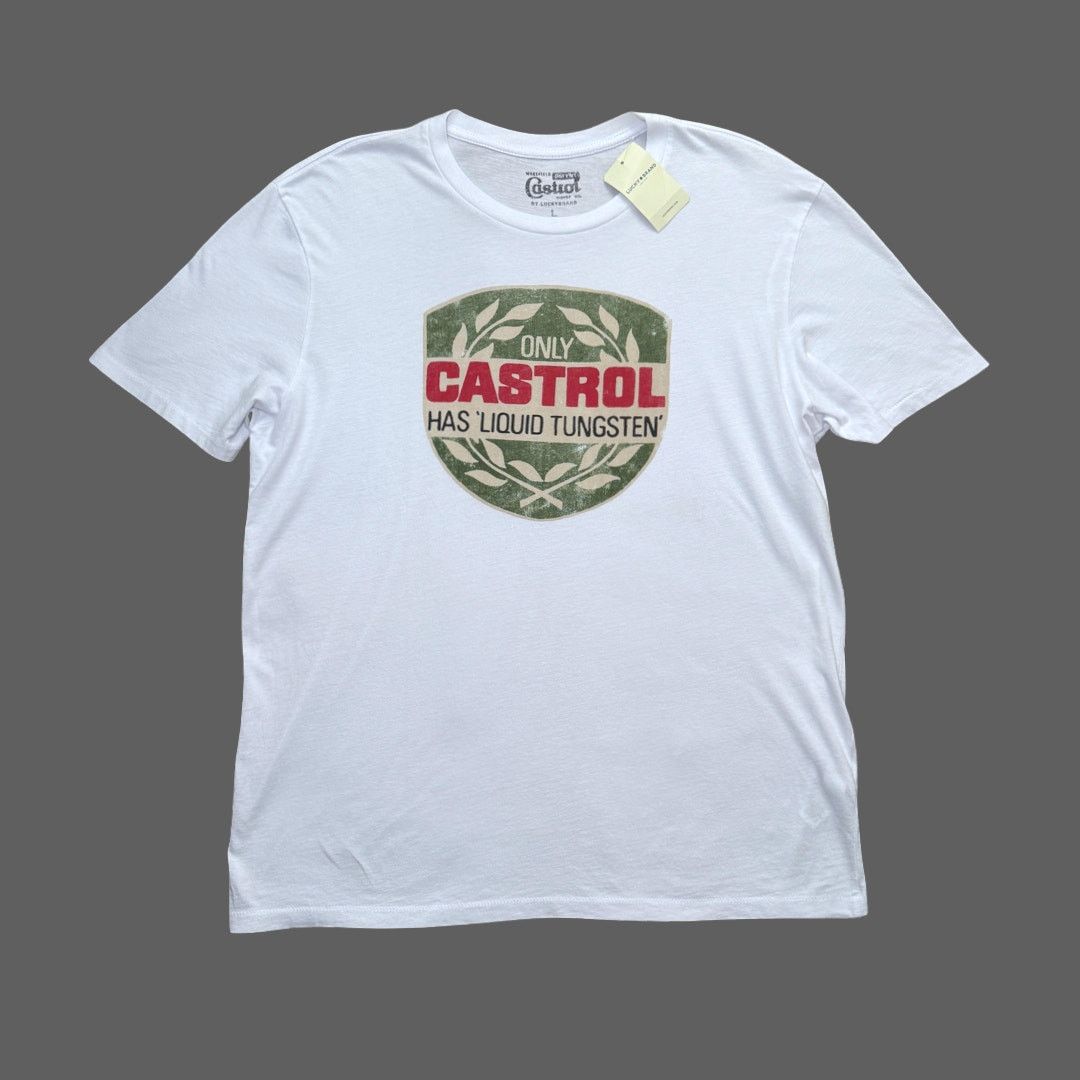 Brand Lucky Brand Castrol Motor Oil White Retro Tee Size L Nwt Hoodie, Sweatshirt | PodTeesHub.com