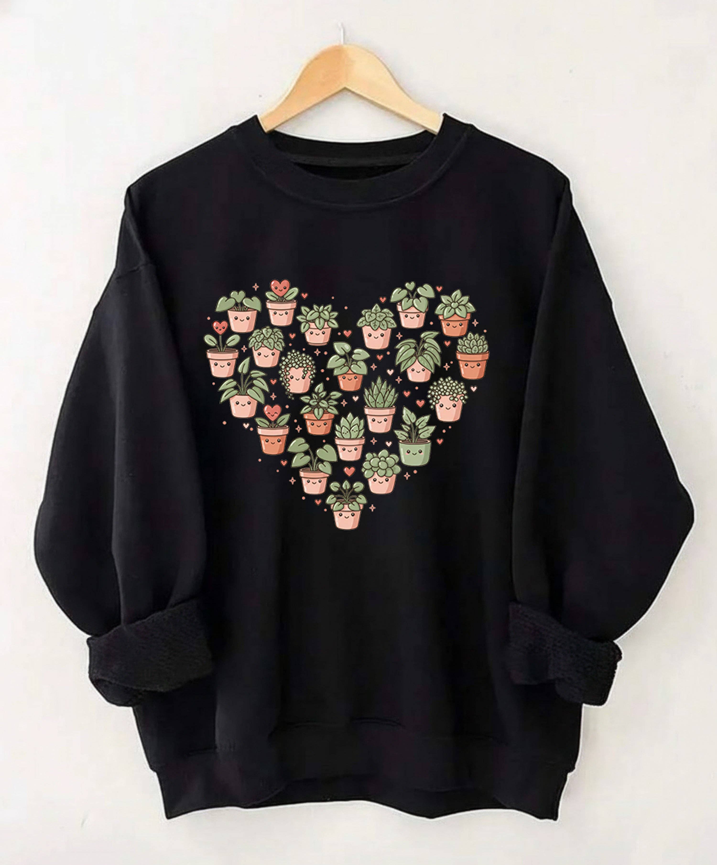 Valentine’S Day Plant Lover Sweatshirt, Green Botanical Crewneck, Cute Potted Plants Heart Shirt, Cozy Nature Gift Hoodie