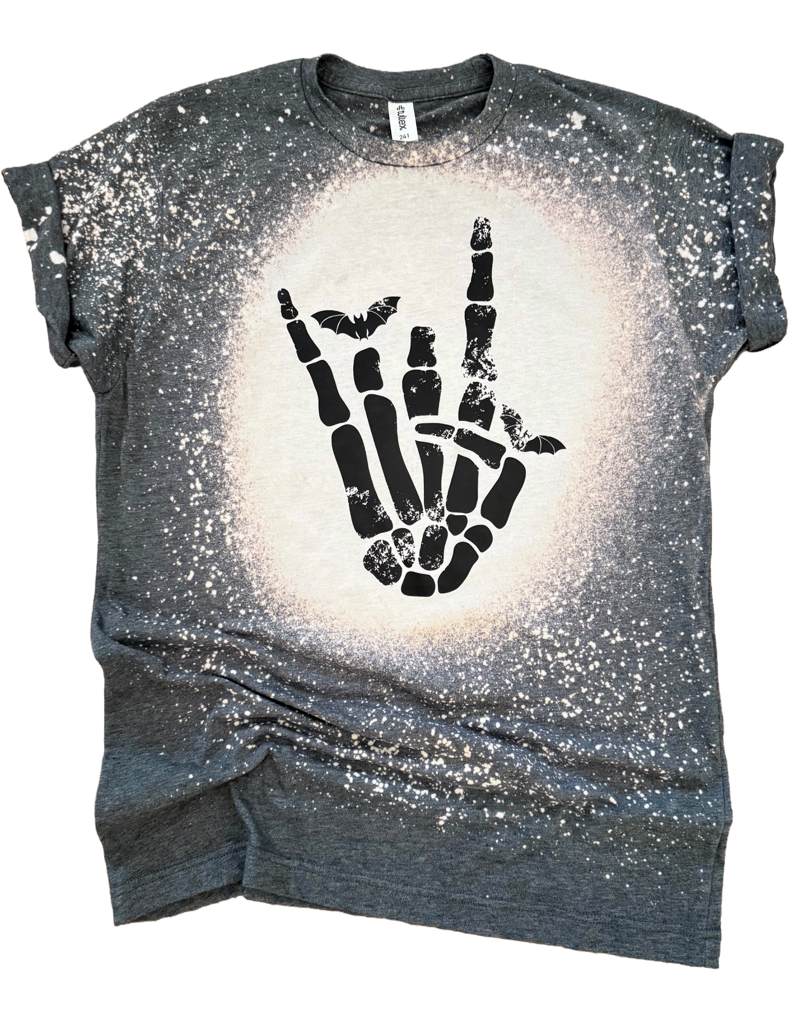 Rocker Skeleton Hand + Bats Halloween Bleached Tee Hoodie, Sweatshirt | PodTeesHub.com