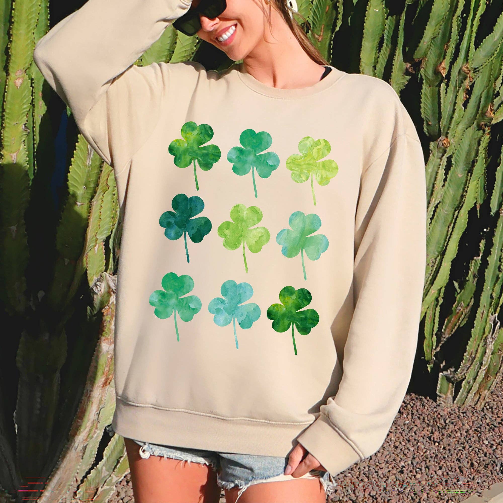 Watercolor Shamrocks in Rows, St Patrick's Day Sweatshirt T-Shirts, Hoodie | PodTeesHub.com