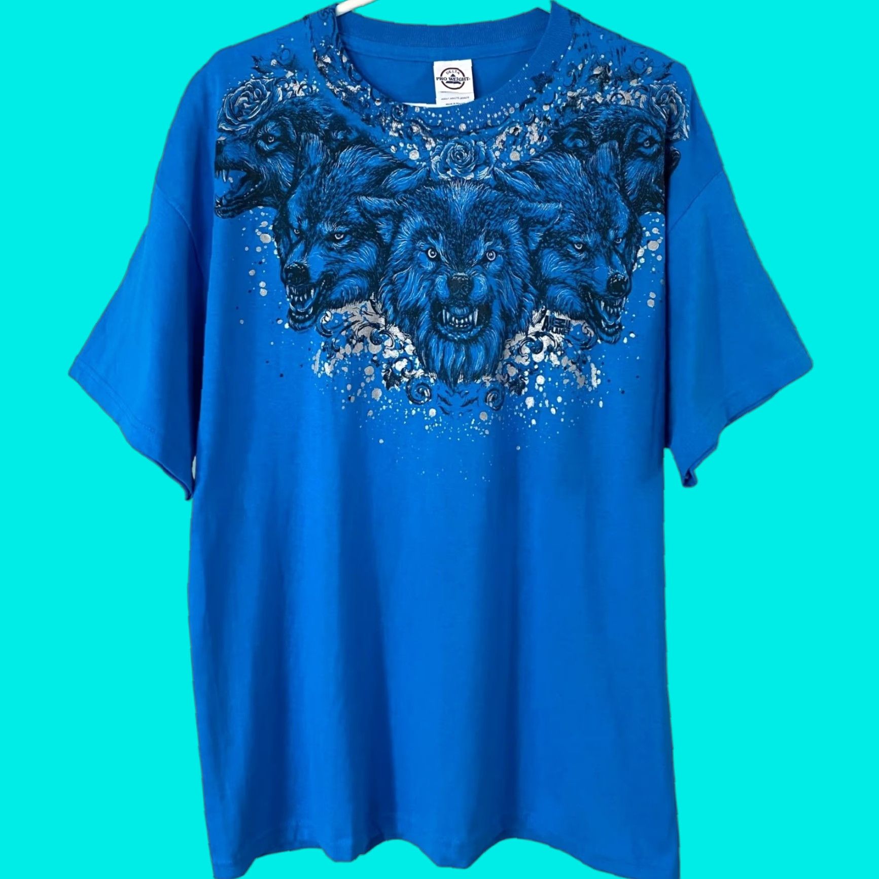 Delta Vintage Y2k Animal Planet Wolf Graphic T Shirt Mens L Blue Metallic Splatter Tee Hoodie, Sweatshirt | PodTeesHub.com