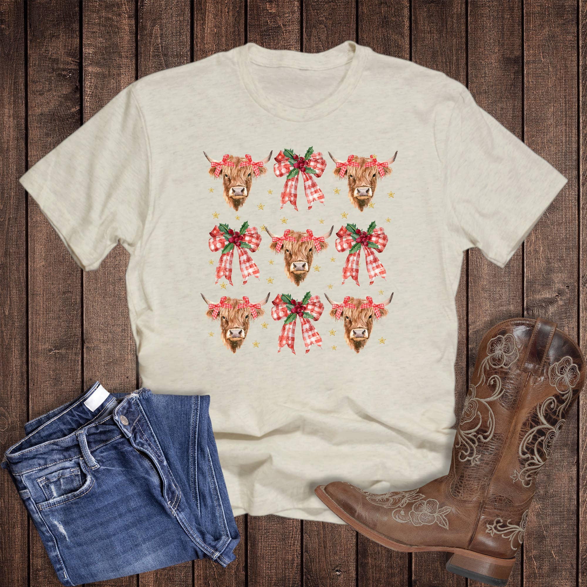 Western Christmas Highland Cow Graphic Tee Hoodie, Sweatshirt | PodTeesHub.com
