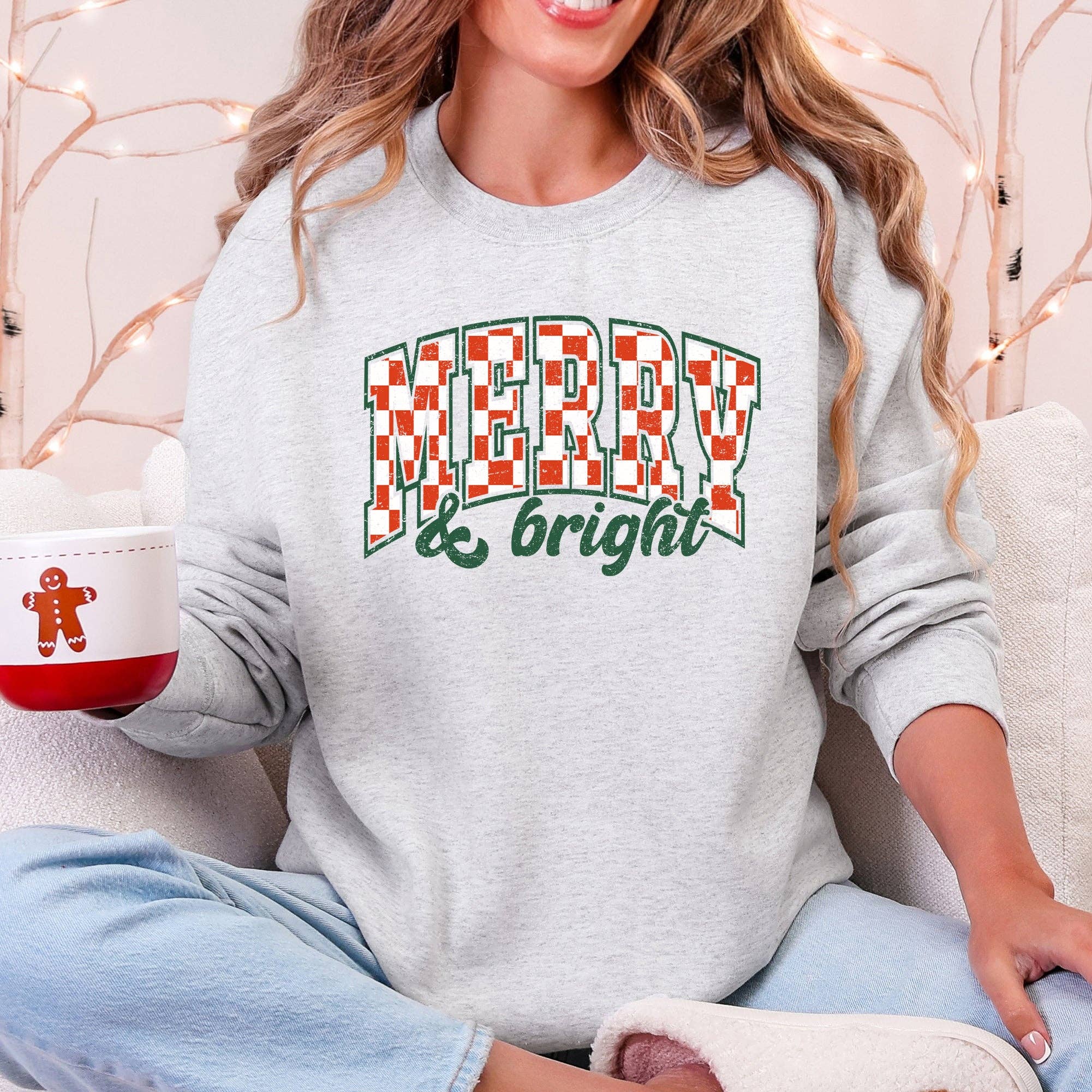 Merry and Bright, Christmas, Checkered, Retro, Sweatshirt T-Shirts, Hoodie | PodTeesHub.com