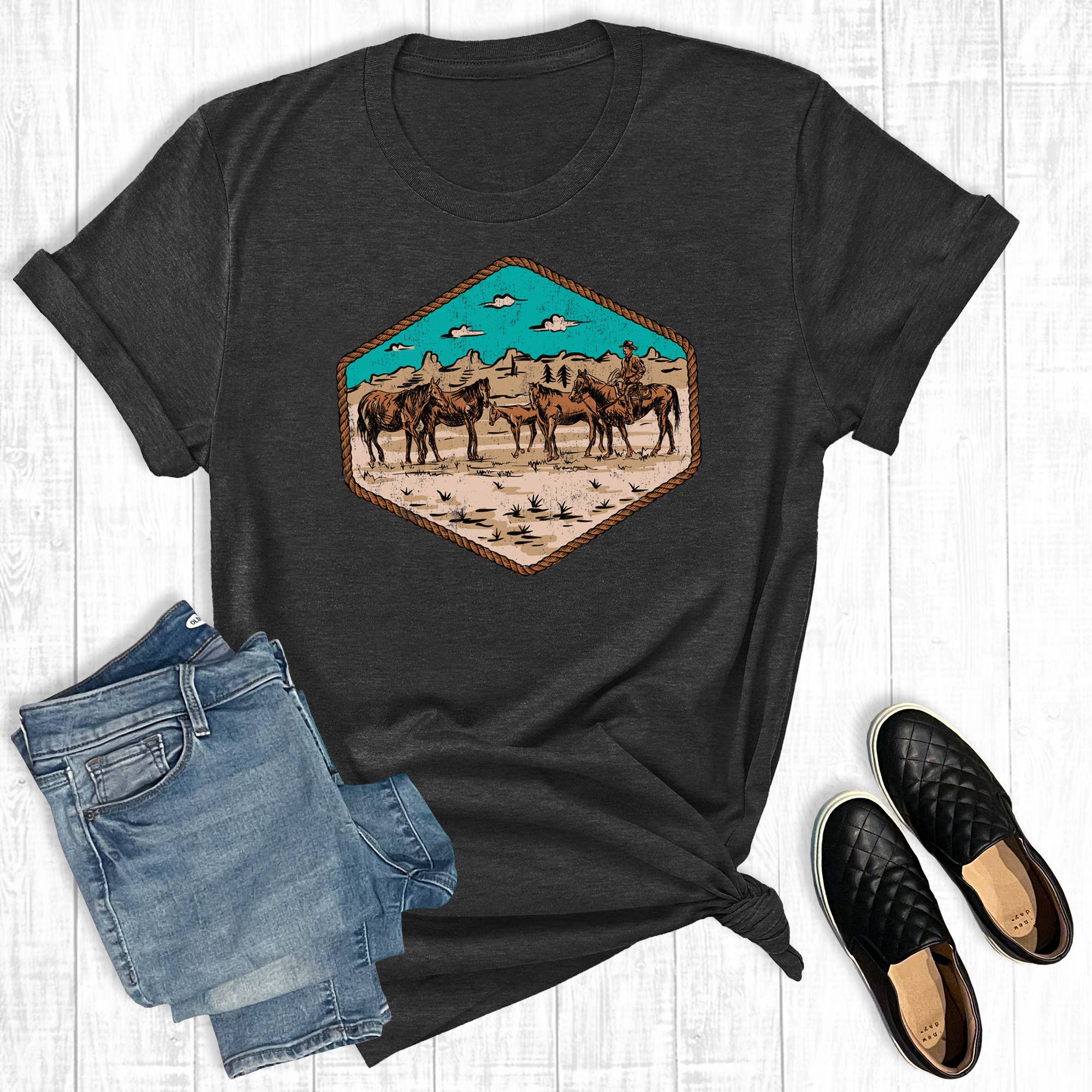 Western Desert Horses Graphic Tee Hoodie, Sweatshirt | PodTeesHub.com