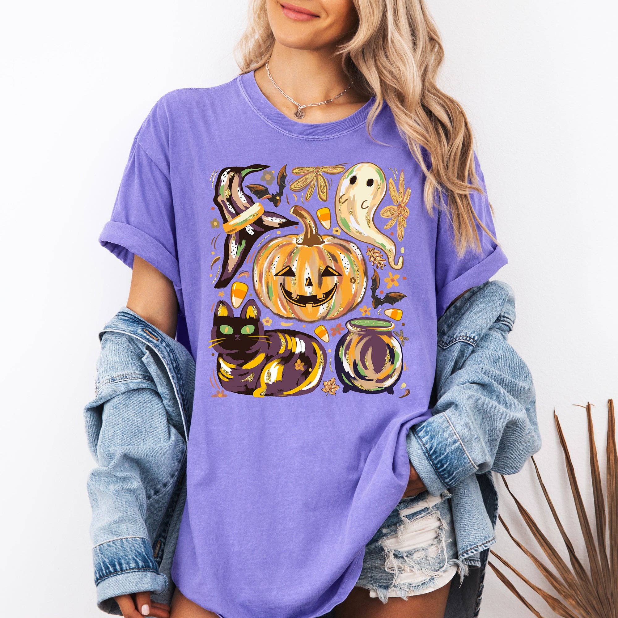 Cute Halloween Painted, Pumpkin, Black Cat, Ghost T-Shirt Hoodie, Sweatshirt | PodTeesHub.com