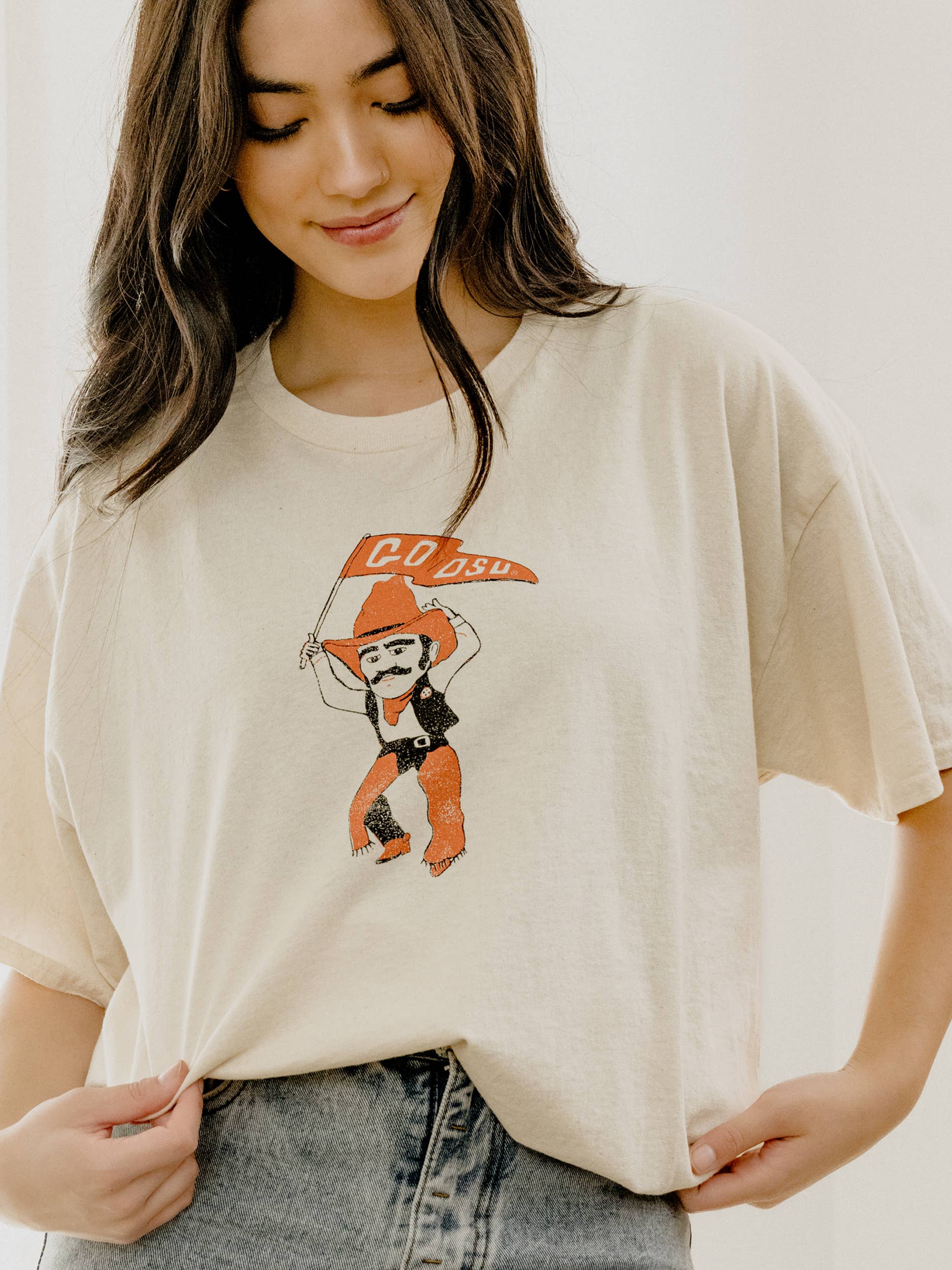 Osu Cowboys Mascot Flag Off White Thrifted Tee Hoodie, Sweatshirt | PodTeesHub.com