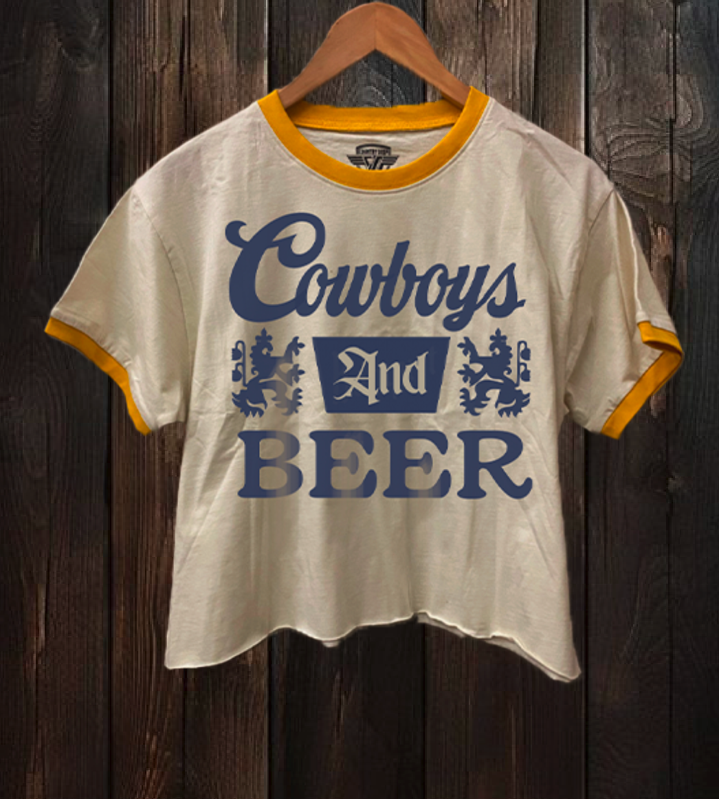 Cowboys & Beer Logo  Ringer Relaxed Crop Tee Hoodie, Sweatshirt | PodTeesHub.com