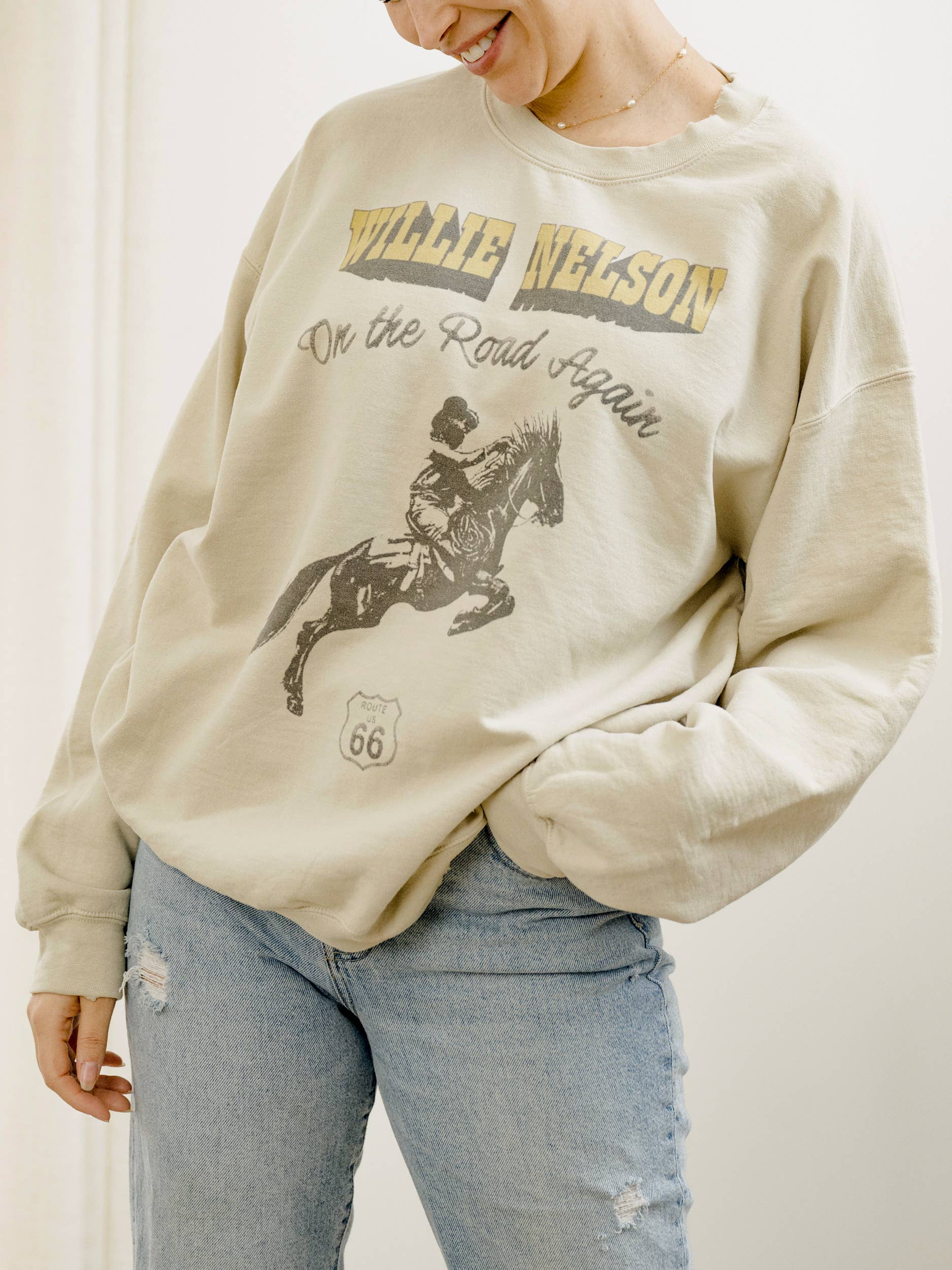 Willie Nelson Route 66 Sand Thrifted Graphic Sweatshirt T-Shirts, Hoodie | PodTeesHub.com