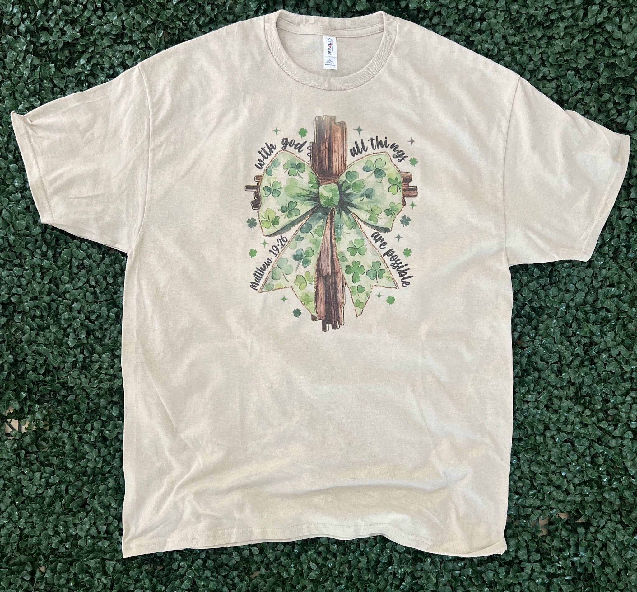 Cross with Shamrock Print Bow On Sand Tee Hoodie, Sweatshirt | PodTeesHub.com
