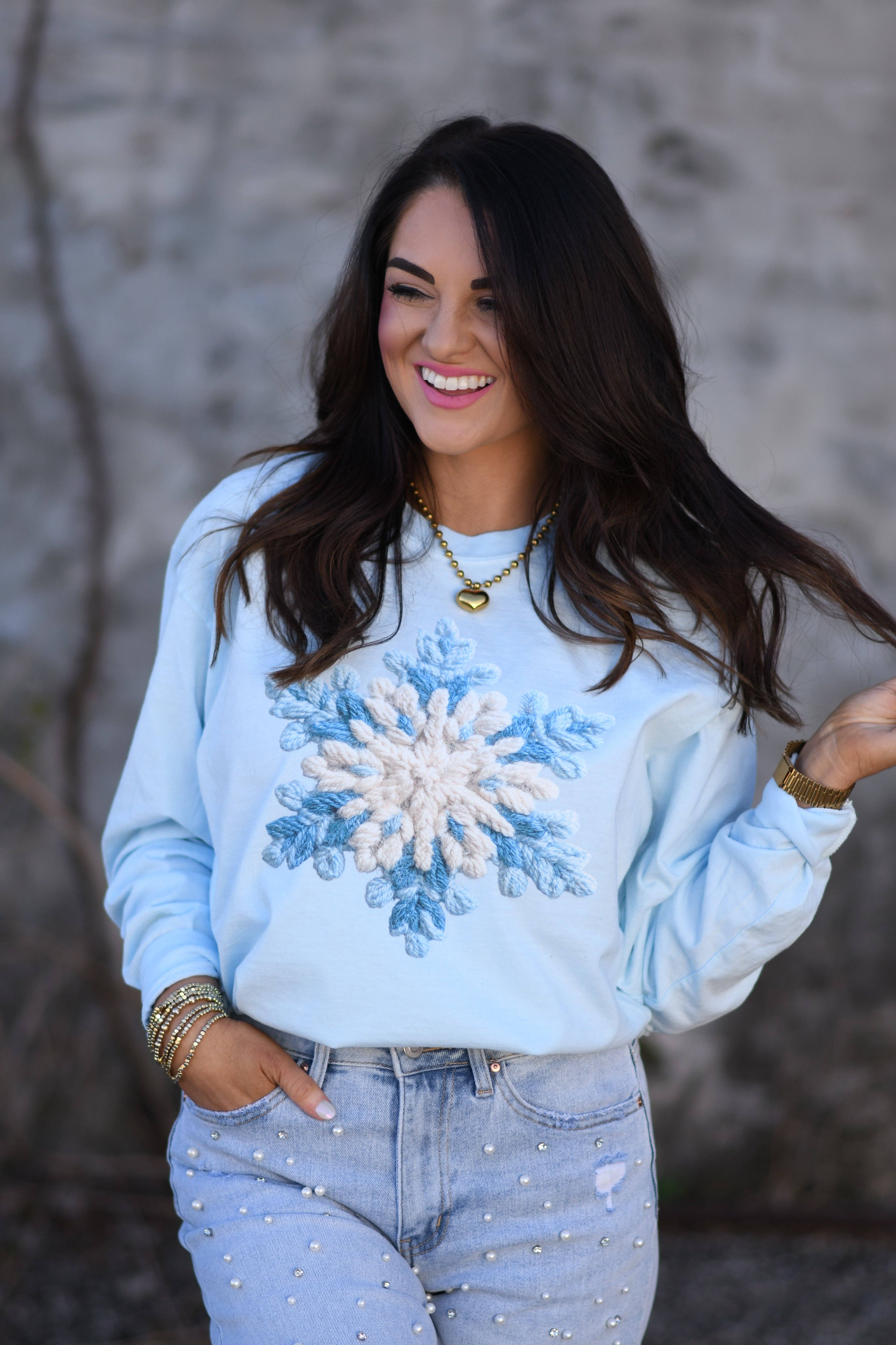 Faux Crochet Snowflake Long Sleeve Tee Hoodie, Sweatshirt | PodTeesHub.com